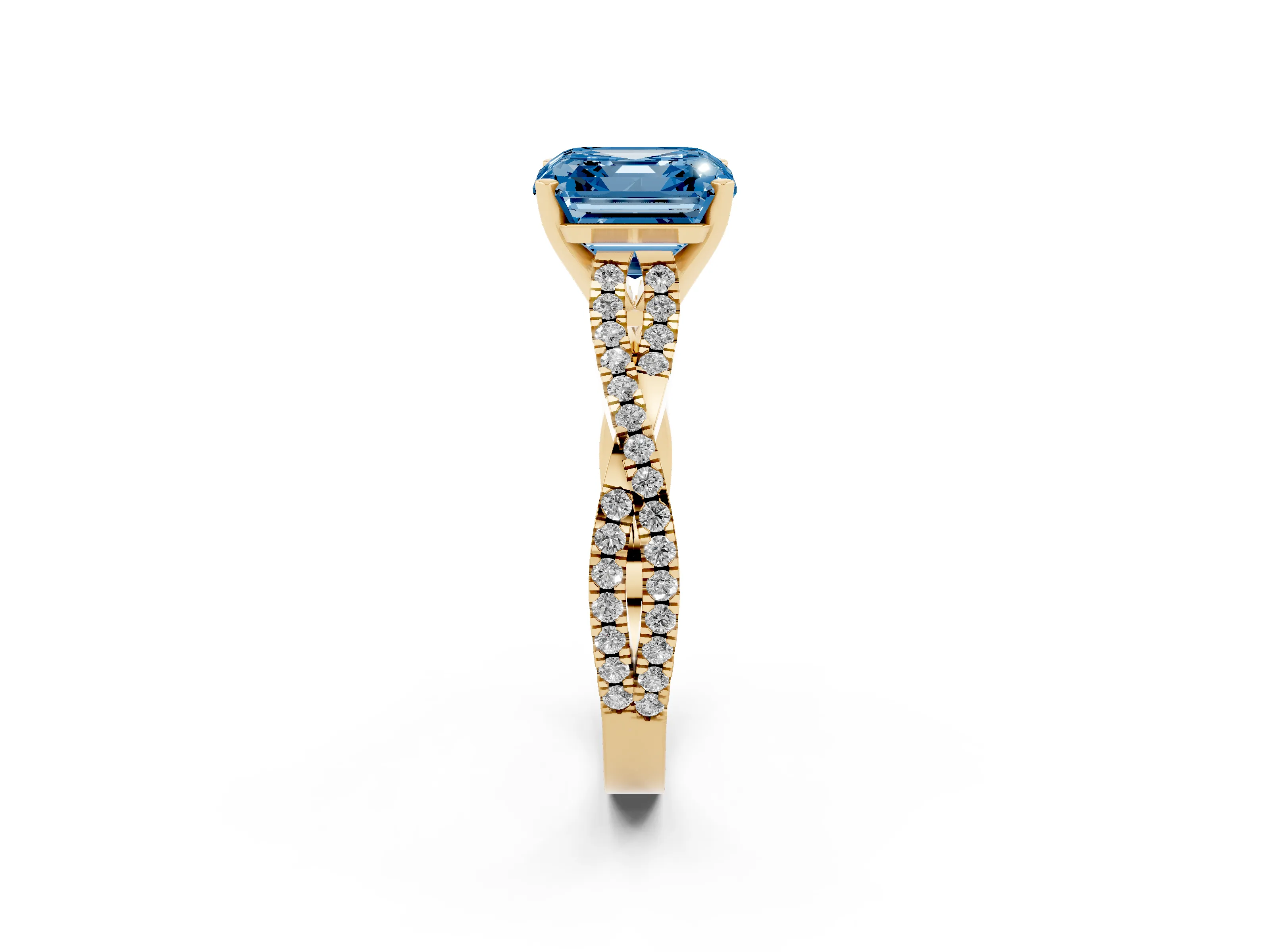 Fancy Blue Asscher Cut Diamond Solitaire Engagement Ring Set in Yellow gold with Twisted Pavé Band and Prong Setting