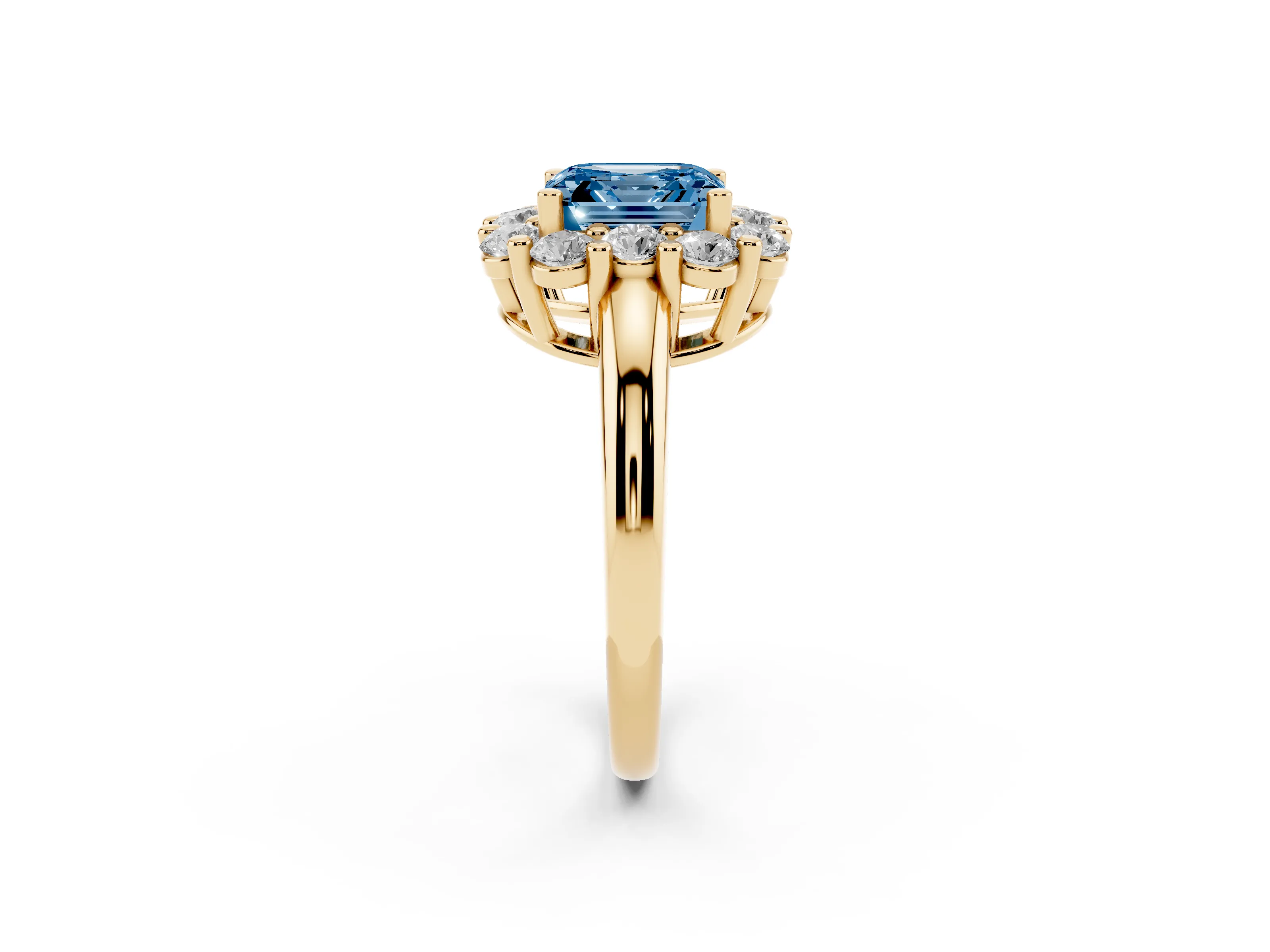 Fancy Blue Asscher Cut Diamond Halo Cluster Engagement Ring Set in Yellow gold with Polished Band and Prong Setting