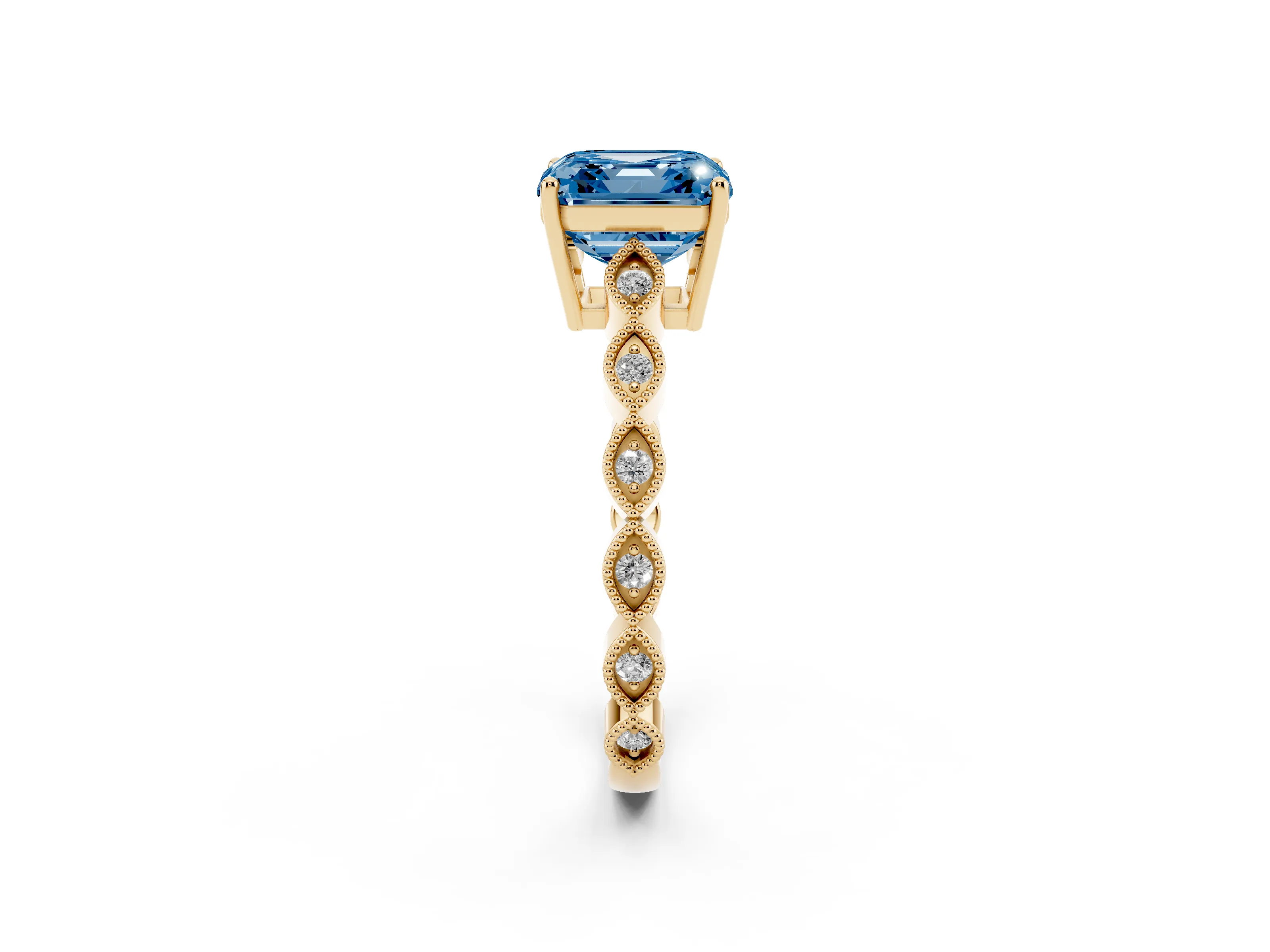 Fancy Blue Asscher Cut Diamond Solitaire Ring Set in Yellow gold with Infinity Twist Pavé Band