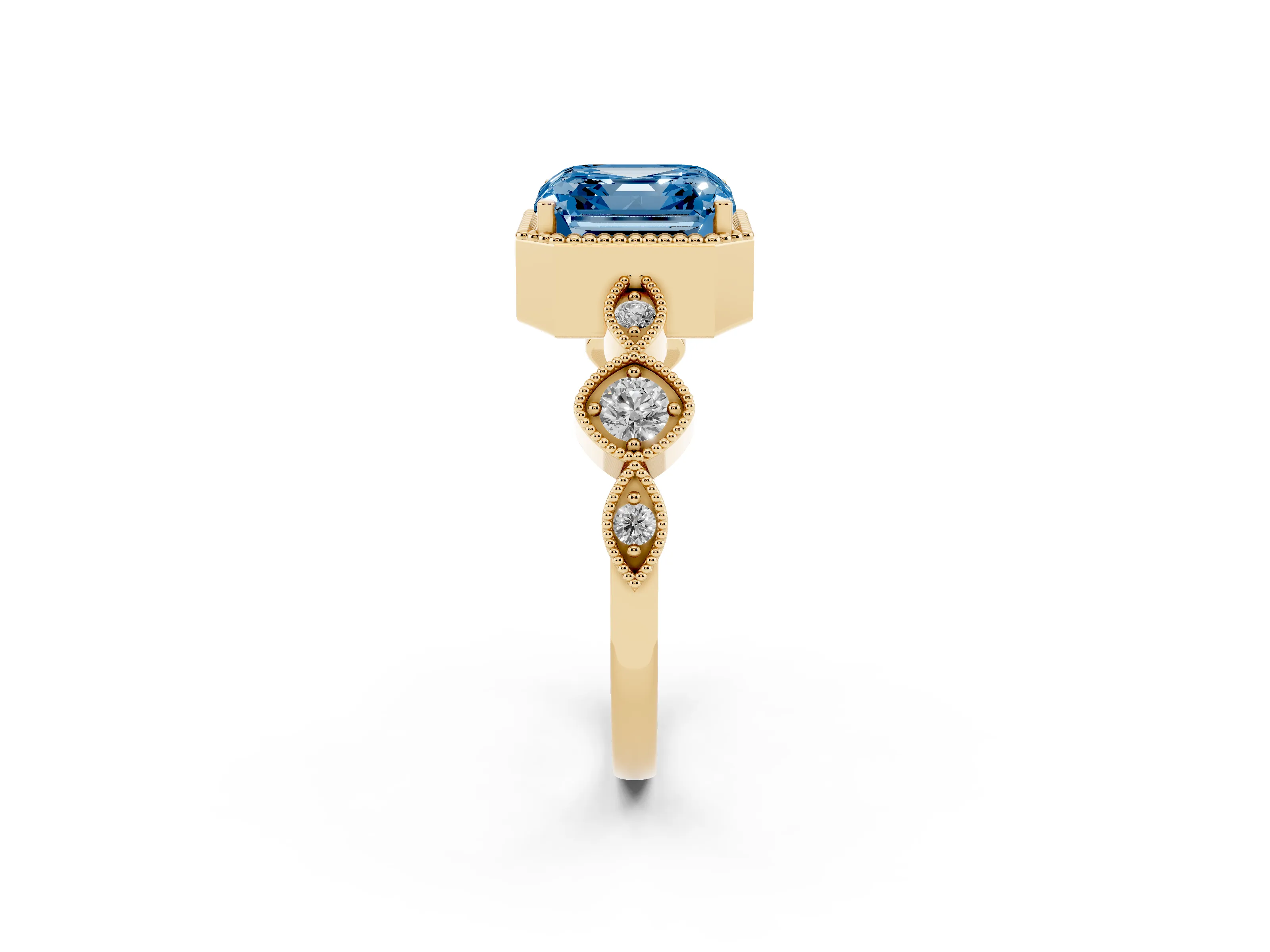 Fancy Blue Asscher Cut Diamond Vintage-Inspired Milgrain Ring Set in Yellow gold with Marquise Stations of Round Accents