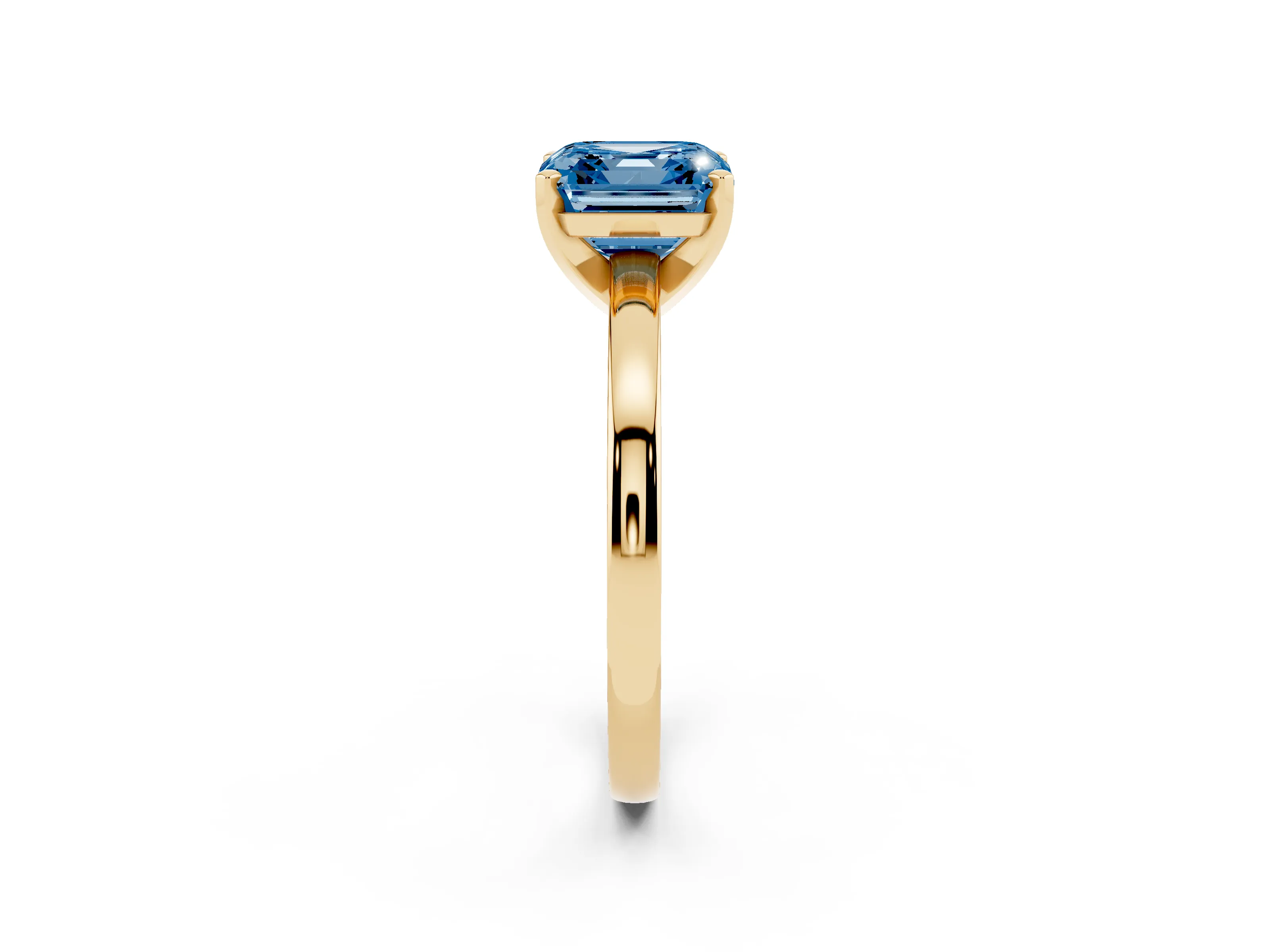 Fancy Blue Asscher Cut Diamond Solitaire Engagement Ring Set in Yellow gold with Prong Setting on a Classic Band