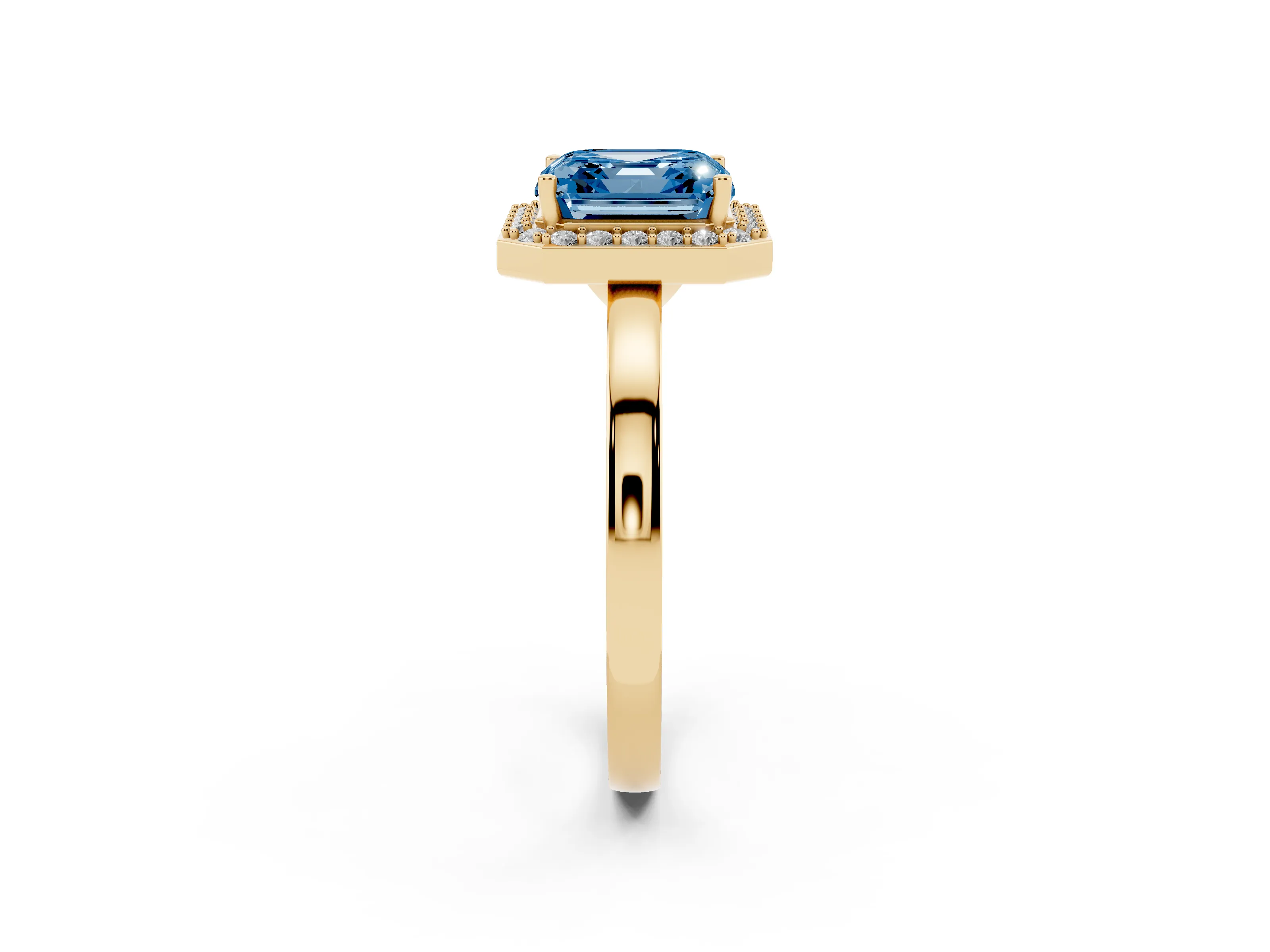 Fancy Blue Asscher Cut Diamond Halo Ring Set in Yellow gold with Solitaire Band and Prong Setting