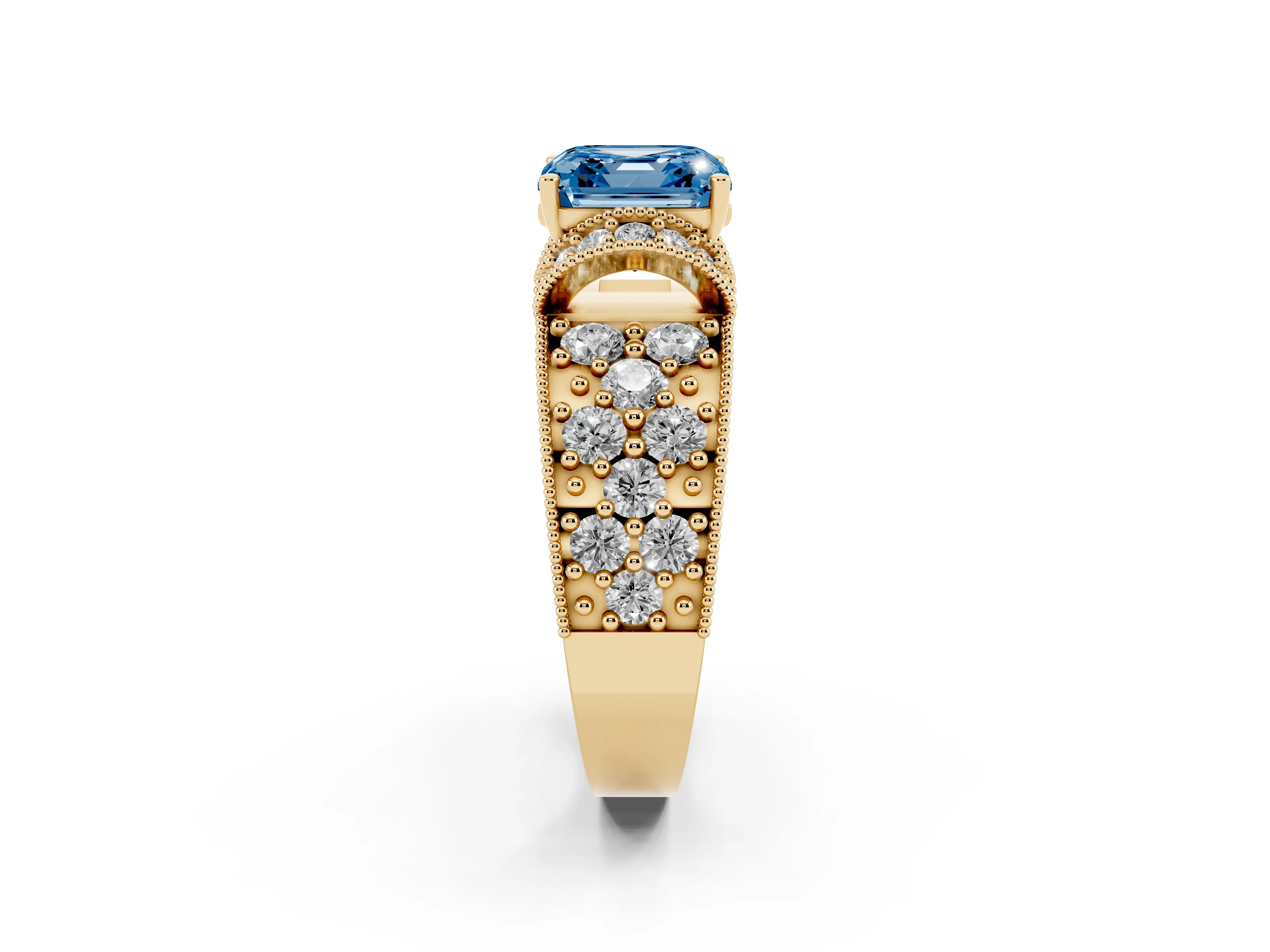 Fancy Blue Asscher Cut Diamond Milgrain Halo Pavé Engagement Ring Set in Yellow gold with Prong Setting