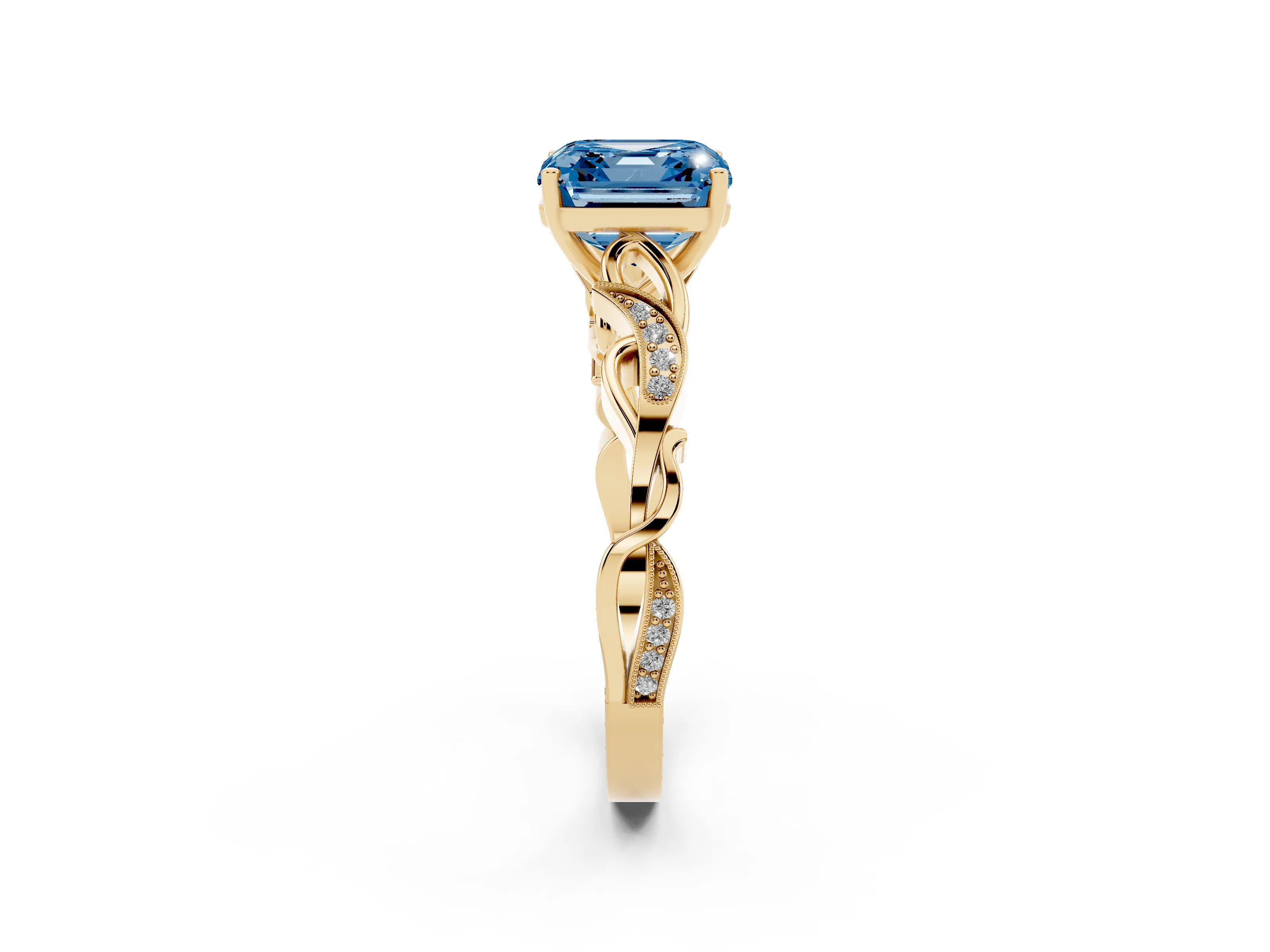 Fancy Blue Asscher Cut Diamond Vine Band Solitaire Ring Set in Yellow gold with Milgrain Prong Setting