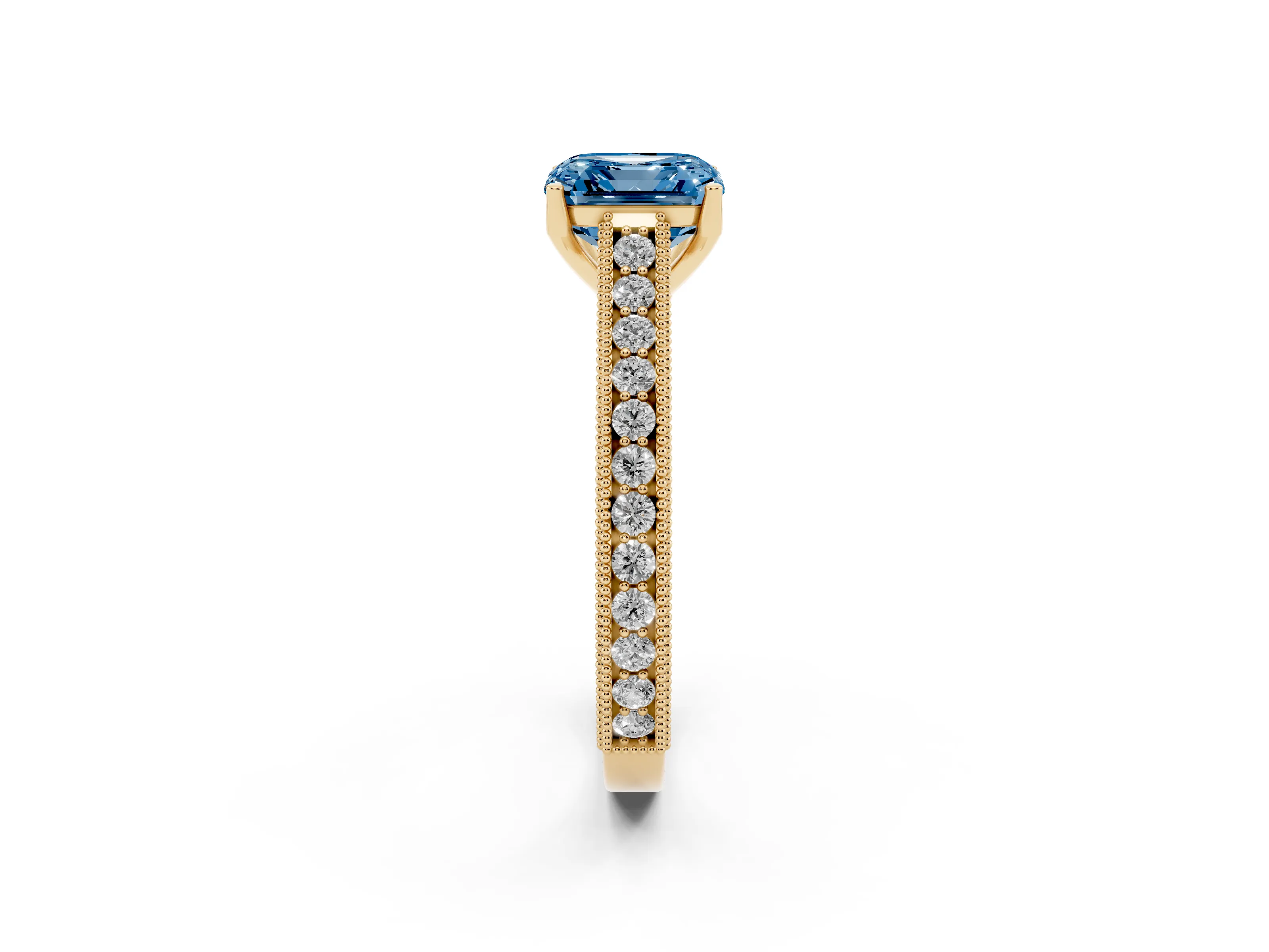 Fancy Blue Asscher Cut Diamond Milgrain Pavé Band Solitaire Ring Set in Yellow gold with Prong Setting