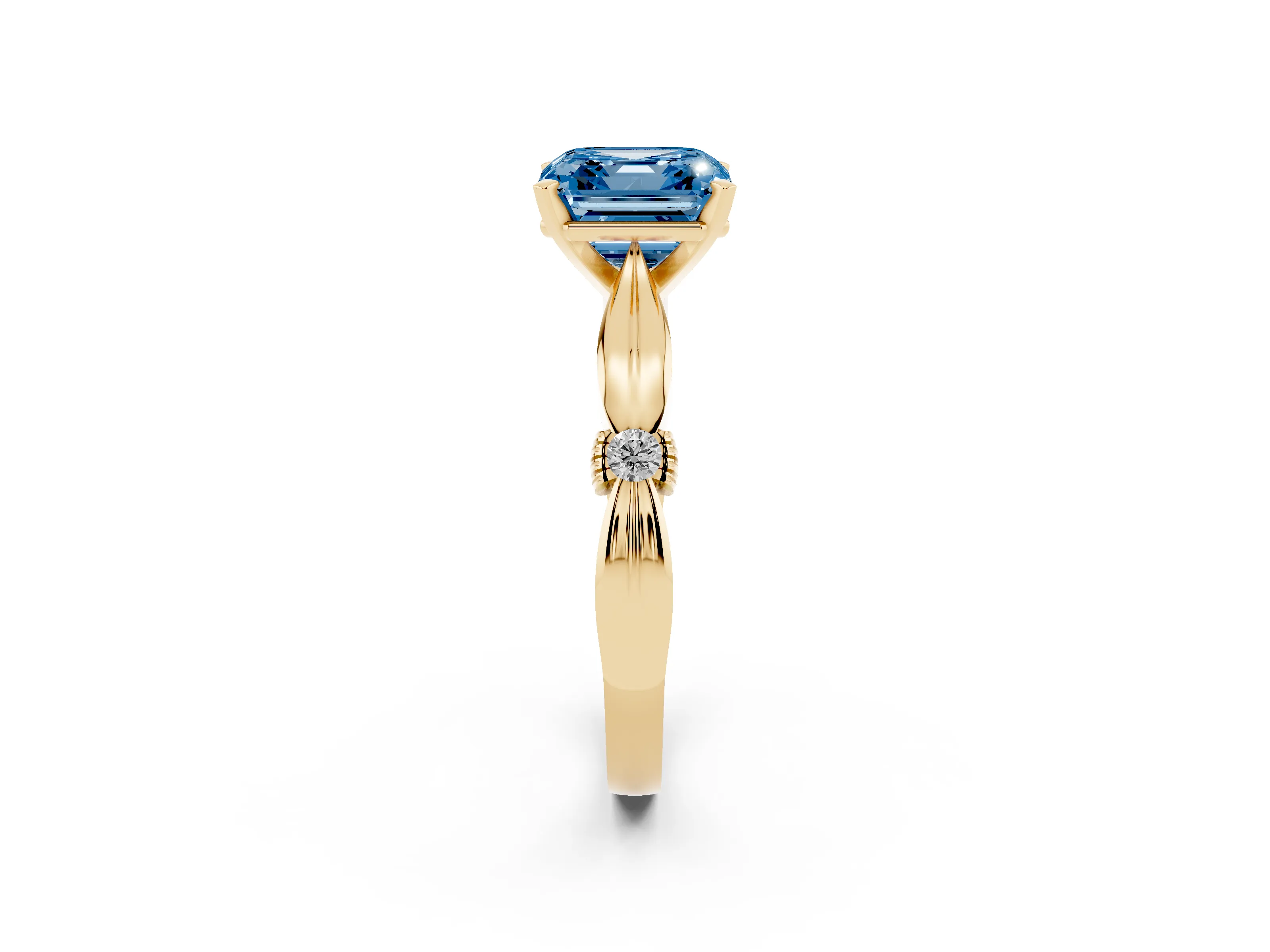 Fancy Blue Asscher Cut Diamond Solitaire Twisted Band Ring Set in Yellow gold with Accent Stones and Prong Setting