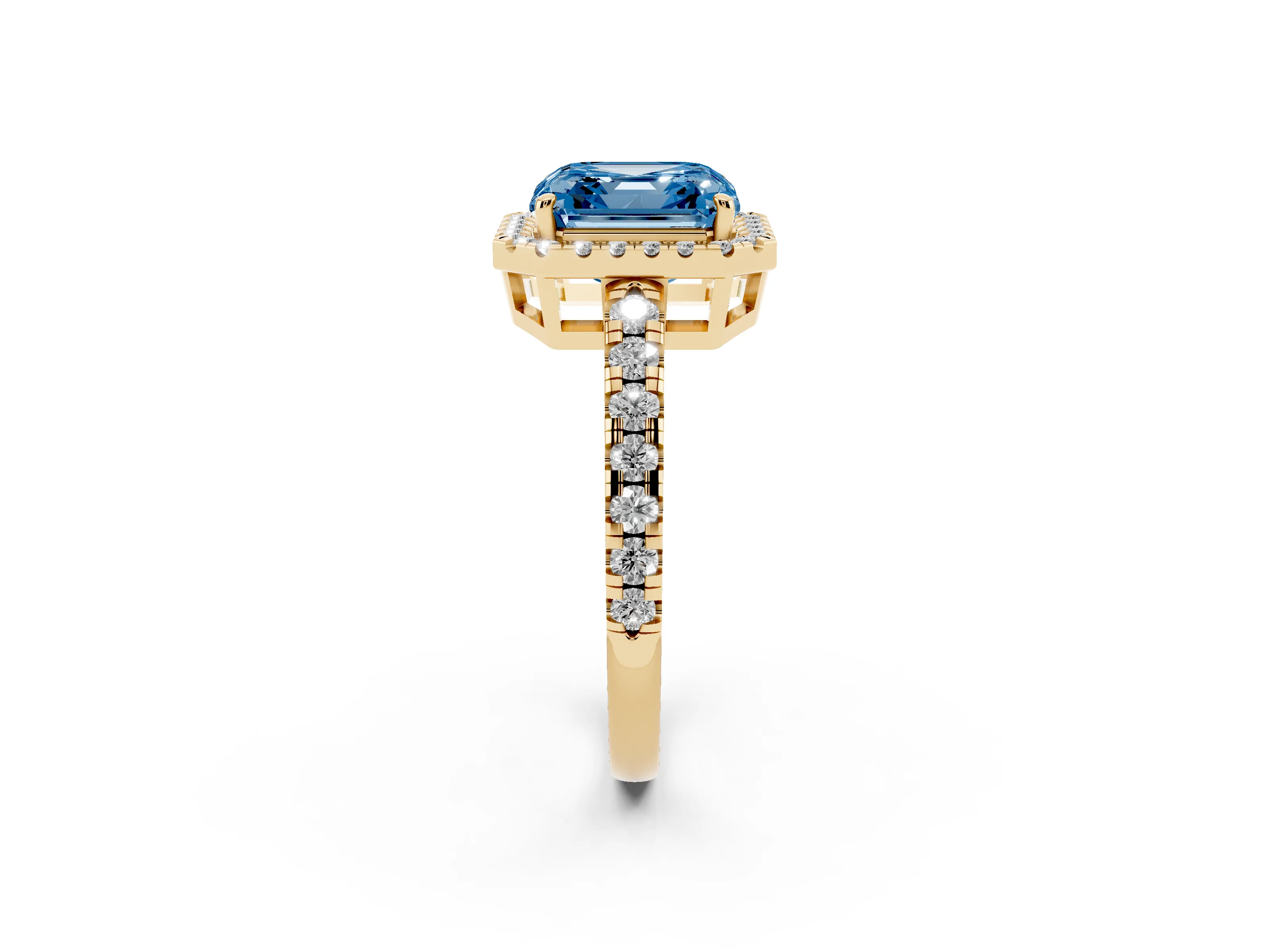 Fancy Blue Asscher Cut Diamond Halo Ring Set in Yellow gold with Delicate Pavé Band and Prong Setting