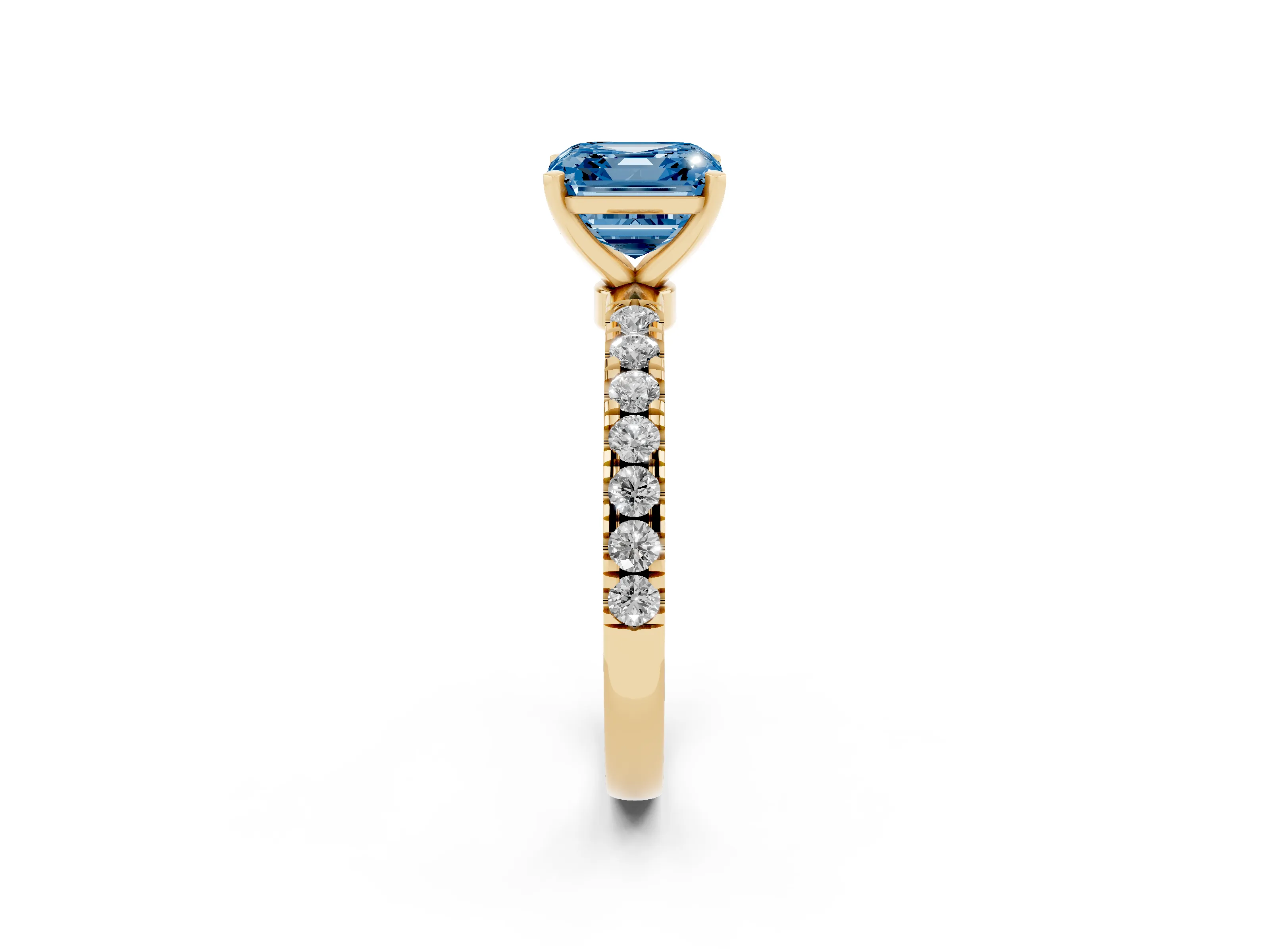 Fancy Blue Asscher Cut Diamond Solitaire Ring Set in Yellow gold with Pavé Accents and Prong Setting
