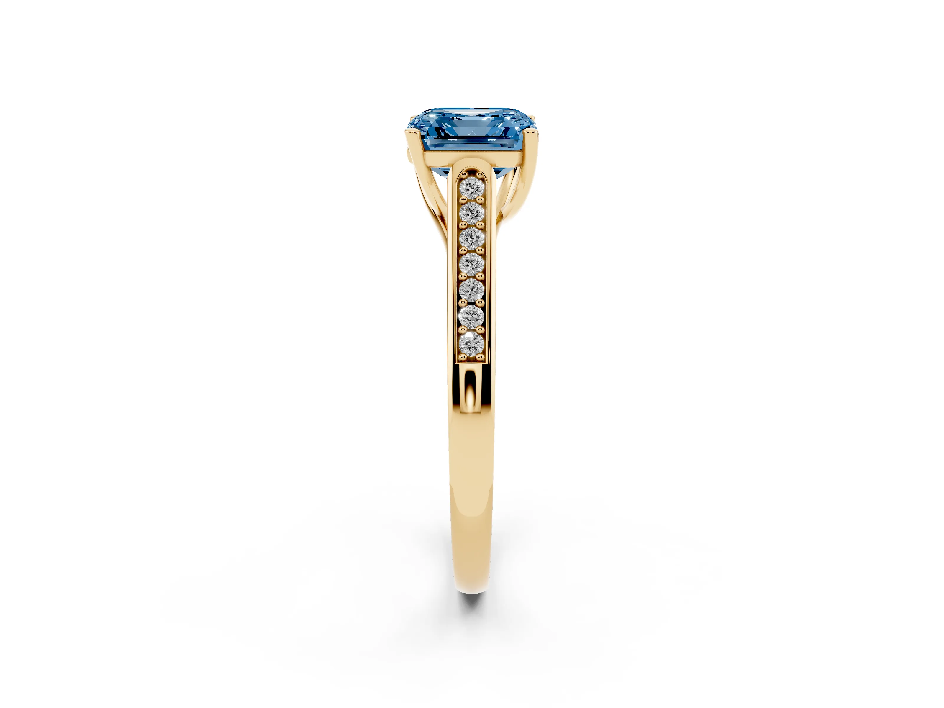 Fancy Blue Asscher Cut Diamond Solitaire Cathedral Engagement Ring Set in Yellow gold with Channel-Set Band and Prong Setting