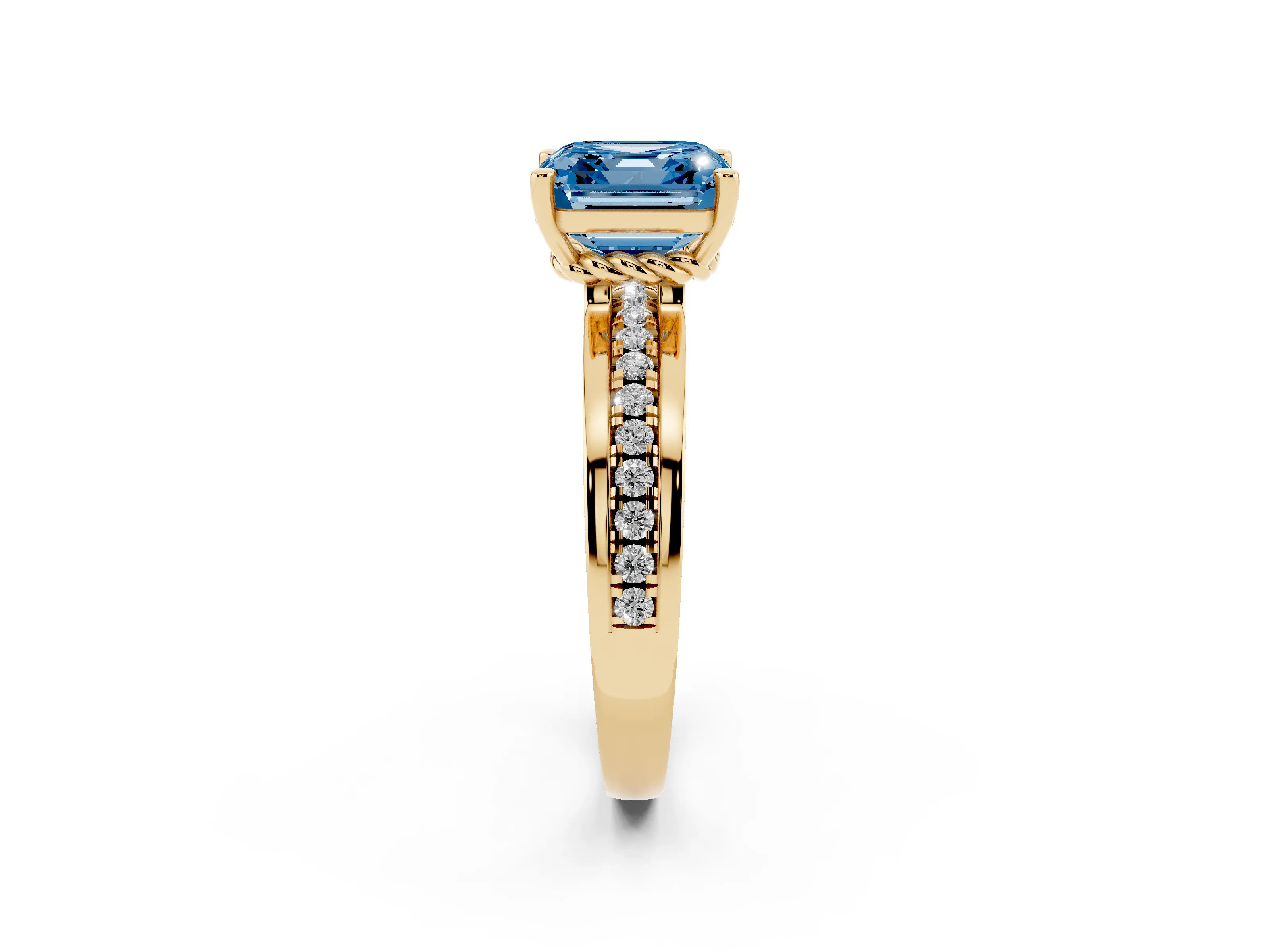 Fancy Blue Asscher Cut Diamond Solitaire Ring Set in Yellow gold with Channel Set Band and Prong Setting