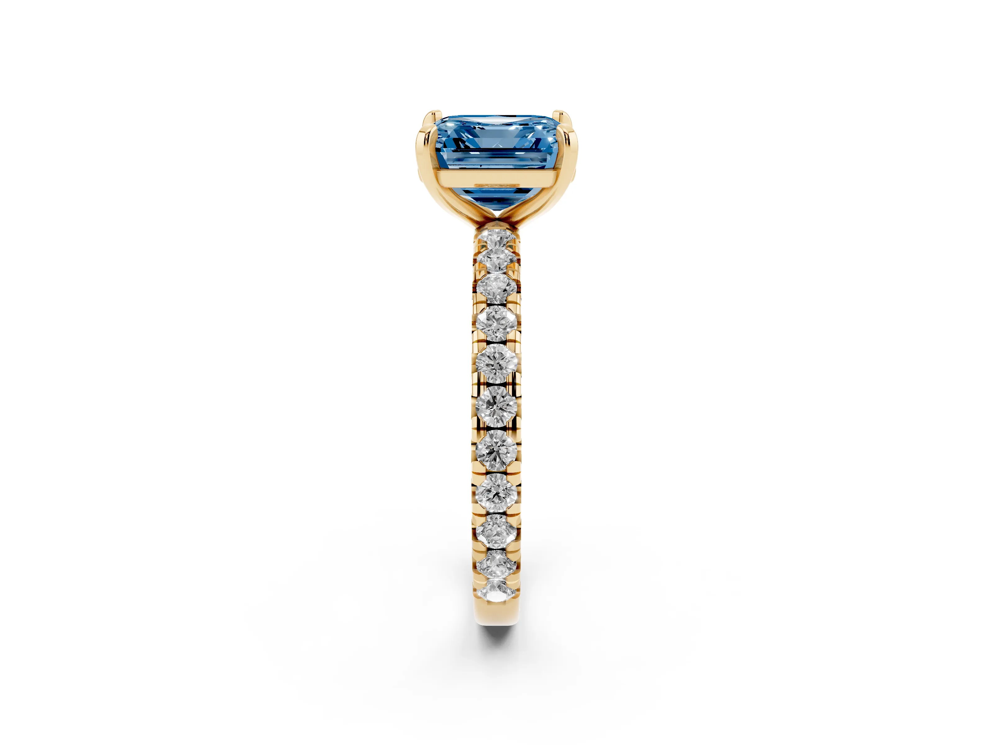 Fancy Blue Asscher Cut Diamond Pavé Solitaire Ring Set in Yellow gold with Round Band and Prong Setting