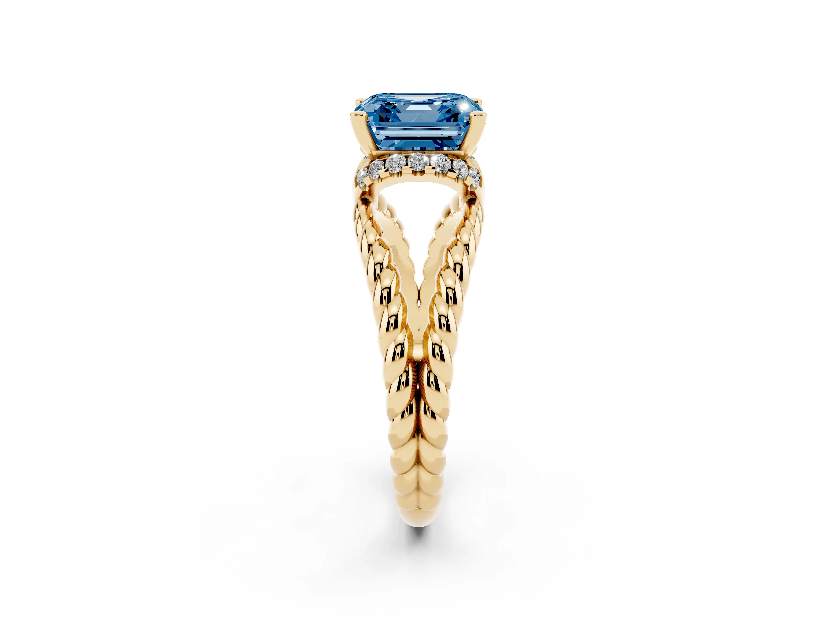 Fancy Blue Asscher Cut Diamond Halo Ring Set in Yellow gold with Twisted Band and Prong Setting