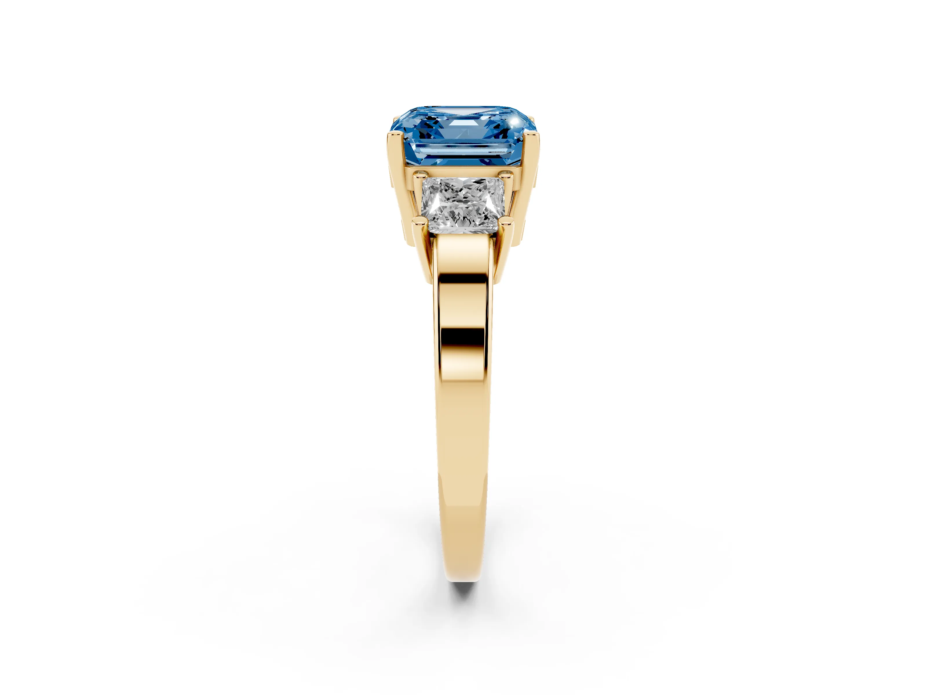 Fancy Blue Three-Stone Asscher Cut Diamond Solitaire Ring Set in Yellow gold with Prong Setting