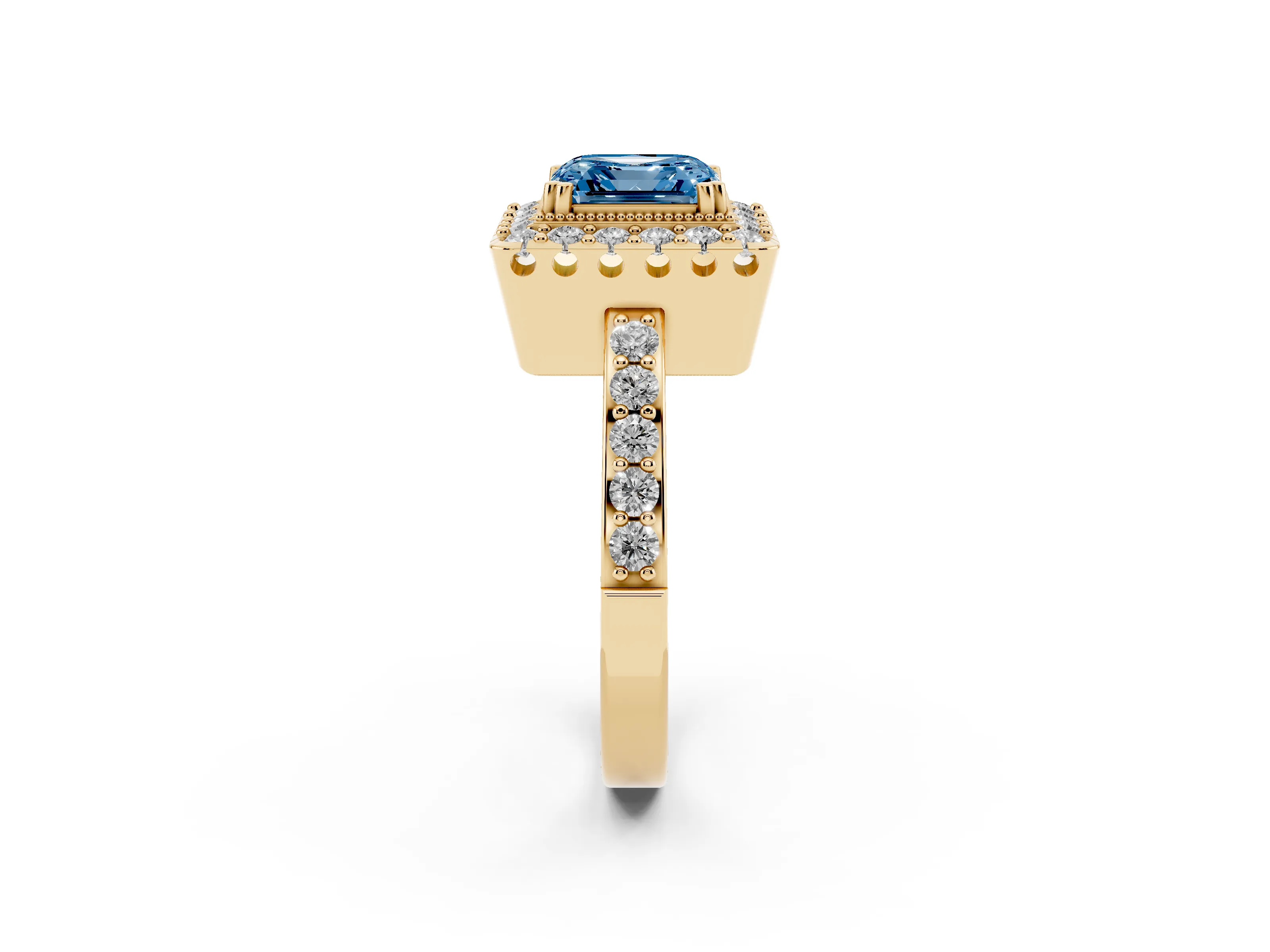 Fancy Blue Asscher Cut Diamond Halo Ring Set in Yellow gold with Pavé Shank and Prong Setting