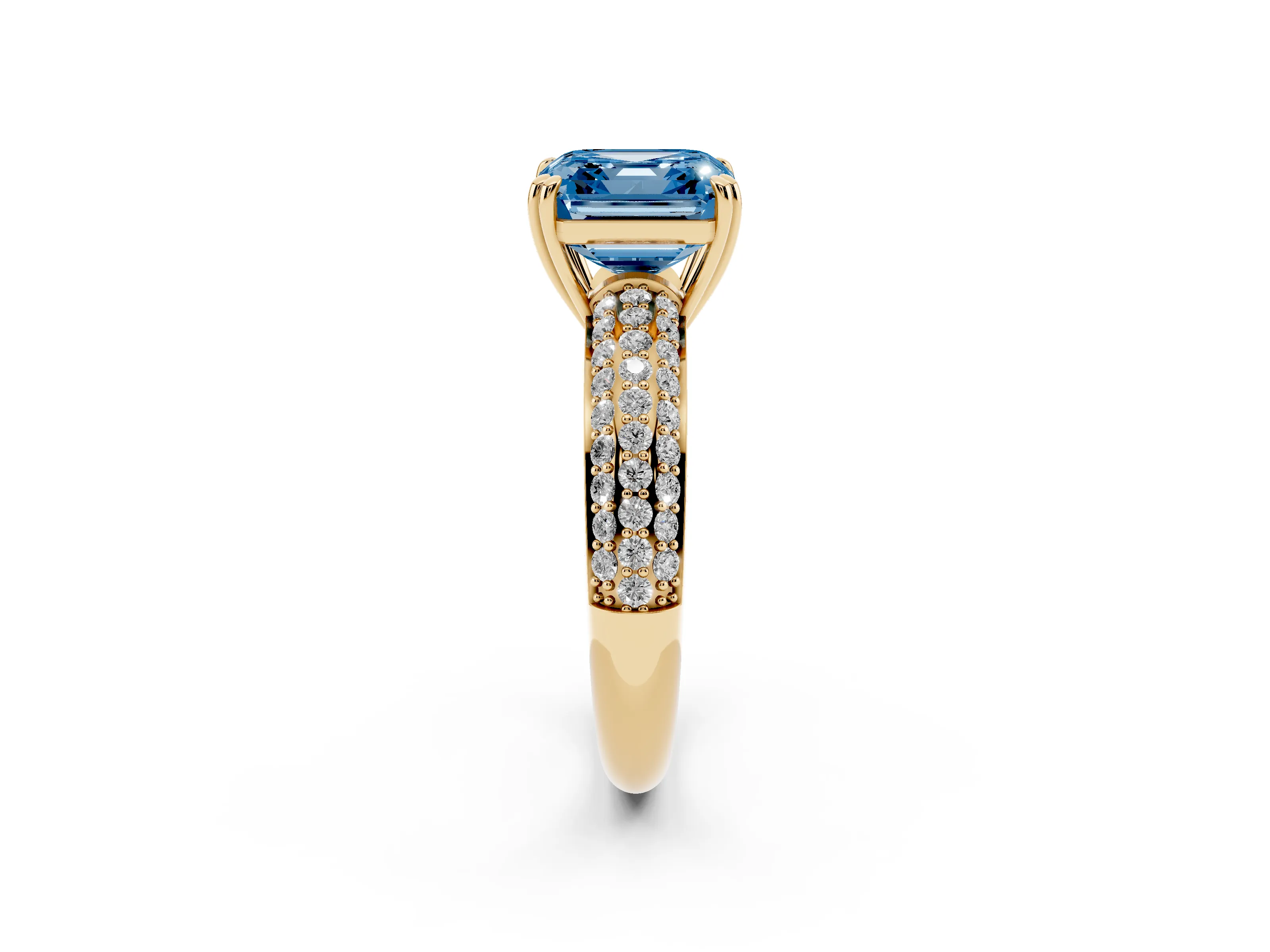 Fancy Blue Asscher Cut Diamond Solitaire Ring Set in Yellow gold with Multi-Row Round Pavé Band and Prong Setting