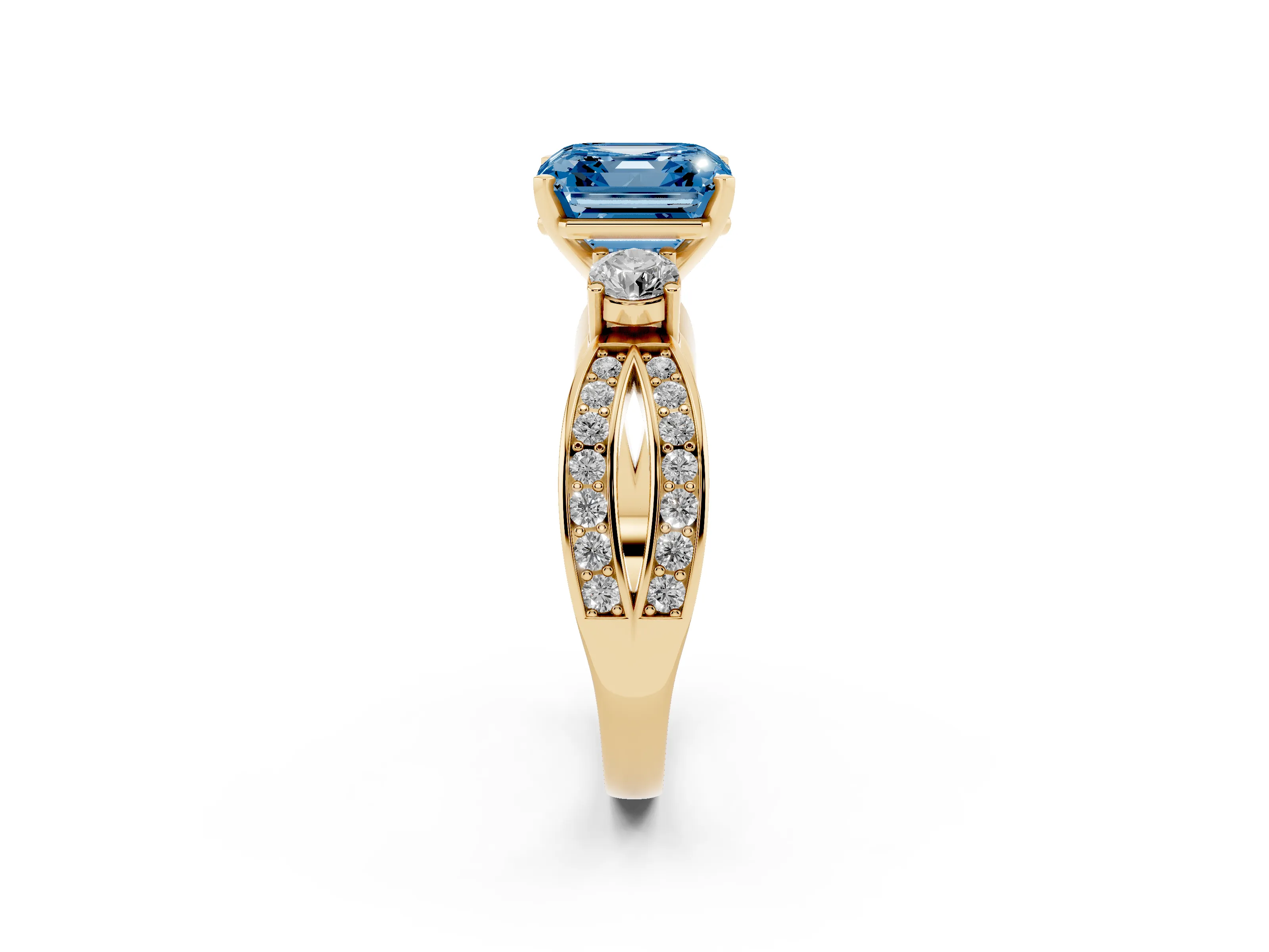 Fancy Blue Three-Stone Asscher Cut Diamond Twist Band Ring Set in Yellow gold with Pavé Accents and Prong Setting