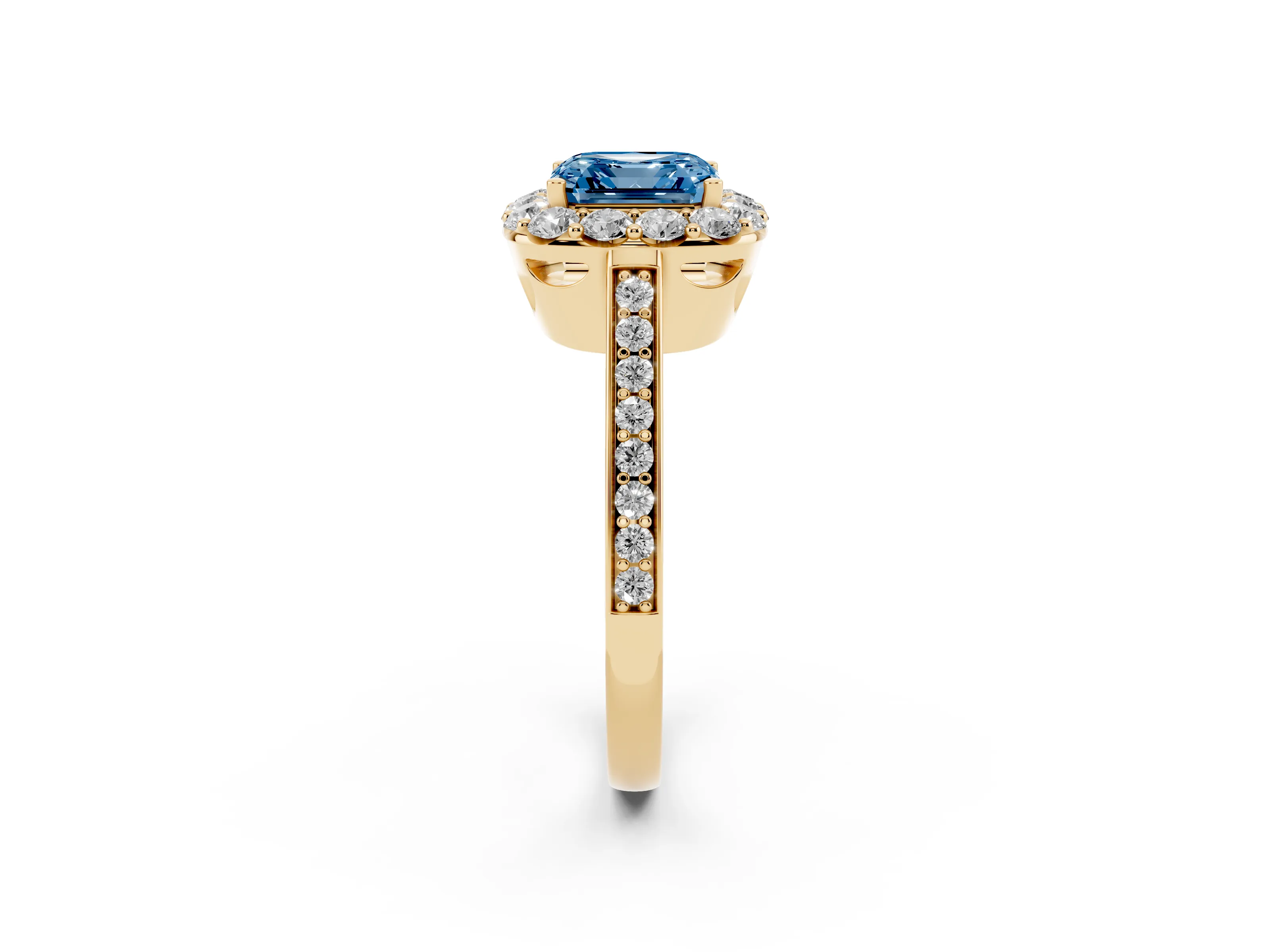 Fancy Blue Asscher Cut Diamond Floral Halo Ring Set in Yellow gold with Pavé Band and Prong Setting