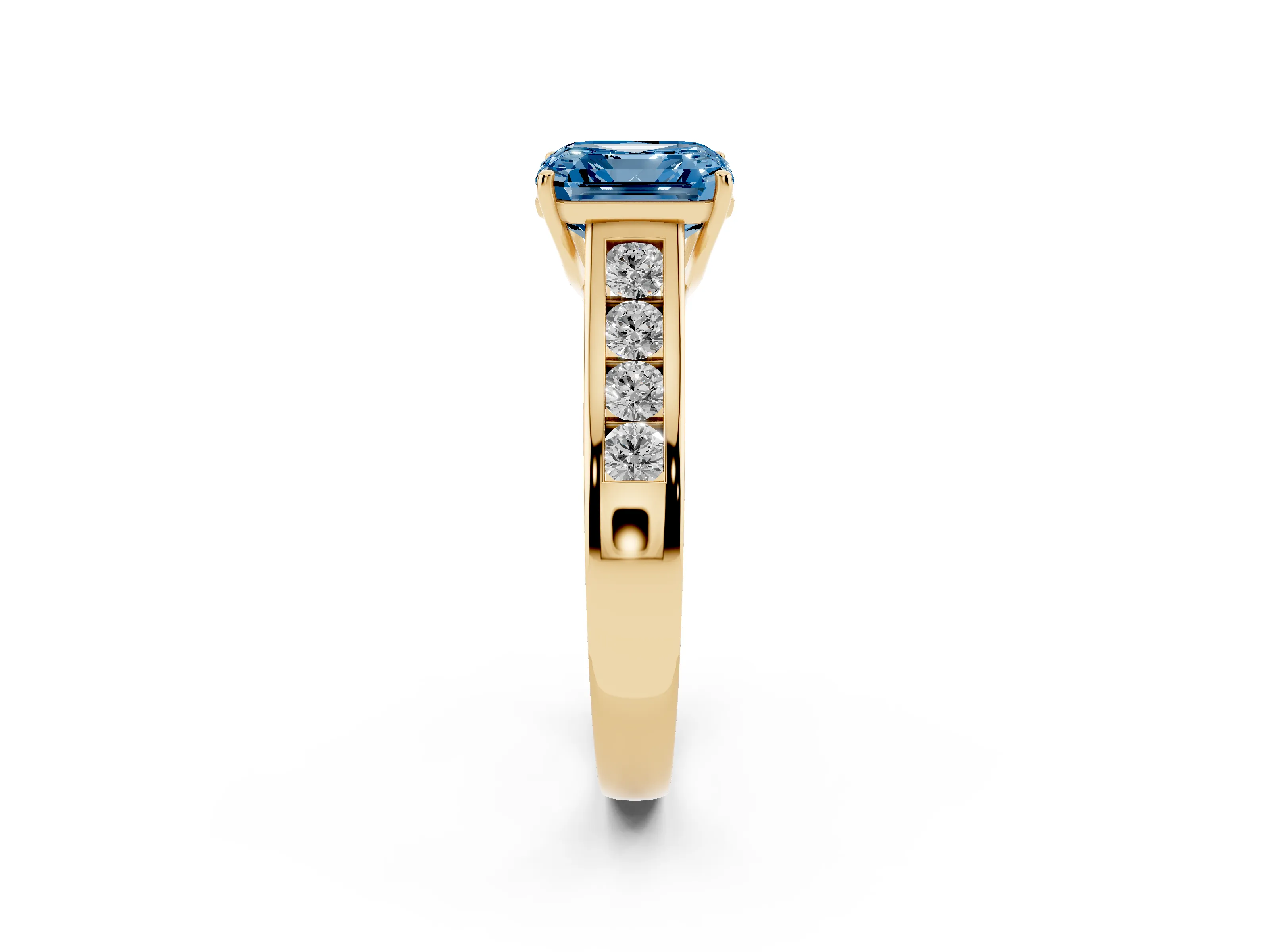 Fancy Blue Asscher Cut Diamond Brilliant Channel-Set Solitaire Ring Set in Yellow gold with Prong Setting