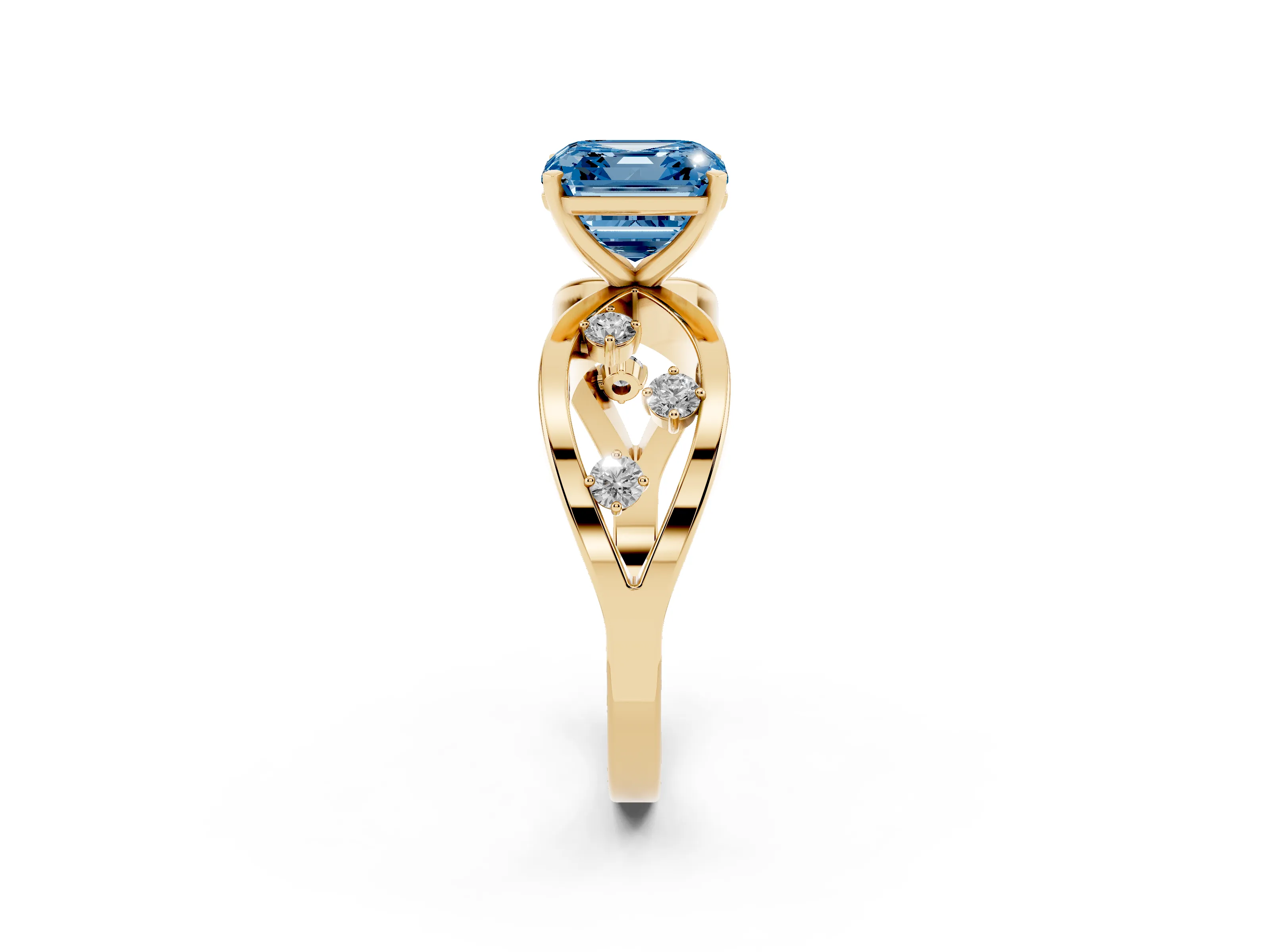 Fancy Blue Asscher Cut Diamond Solitaire Ring Set in Yellow gold with Side Stones on Criss-Cross Band and Prong Setting