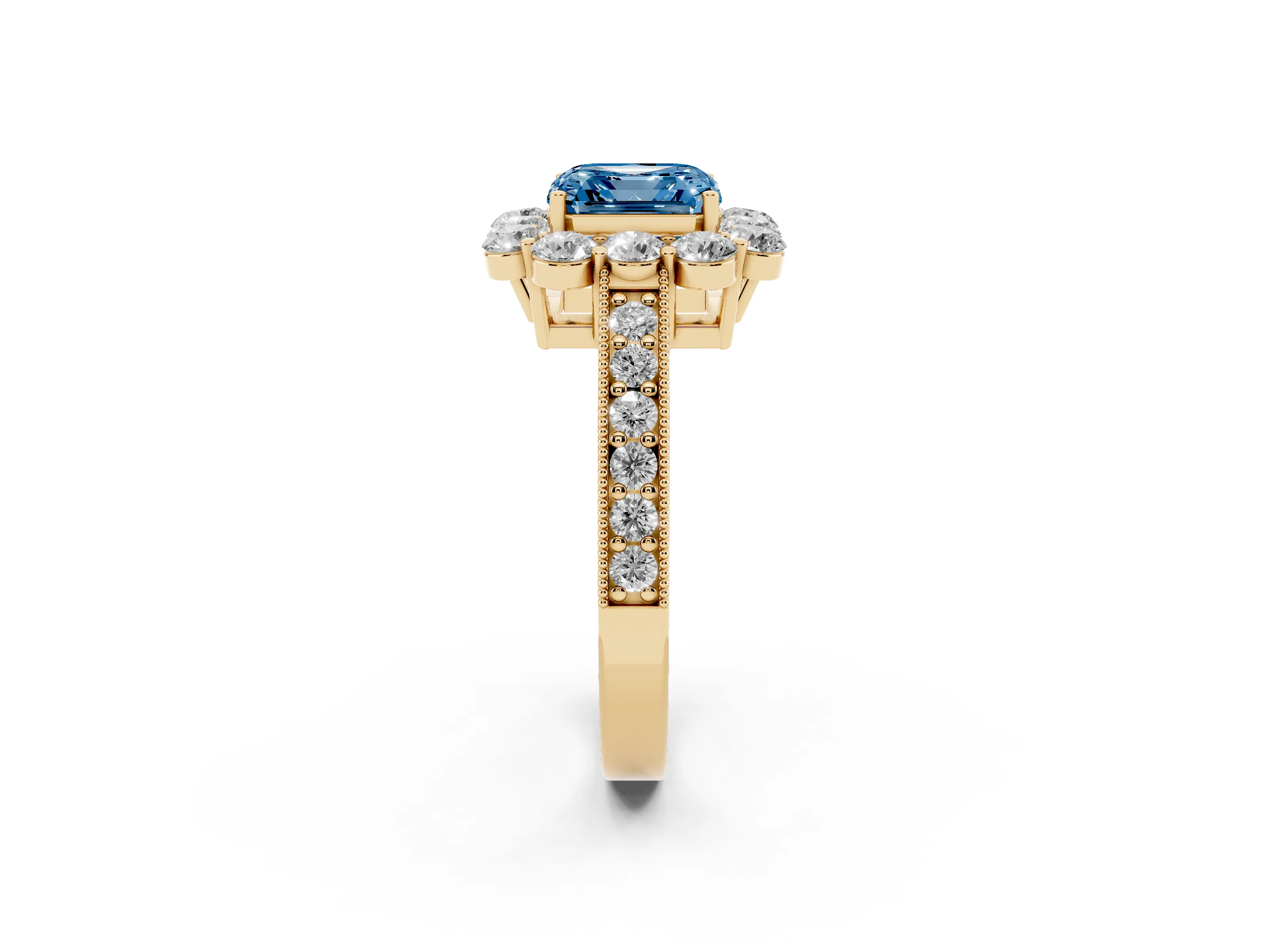 Fancy Blue Asscher Cut Diamond Halo Pavé Engagement Ring Set in Yellow gold with Milgrain Detailing