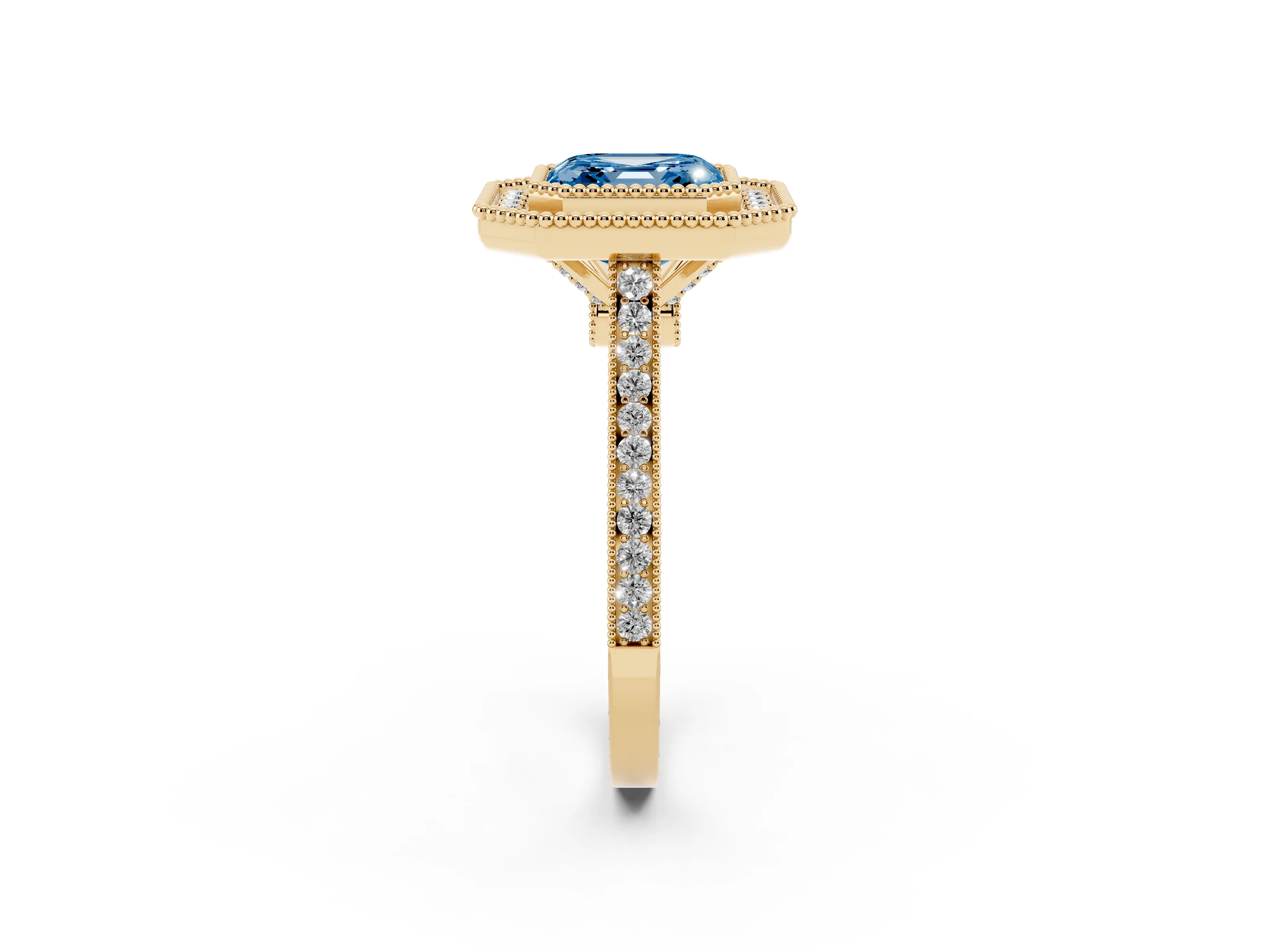 Fancy Blue Asscher Cut Diamond Halo Ring Set in Yellow gold with Milgrain Frame and Pavé Band