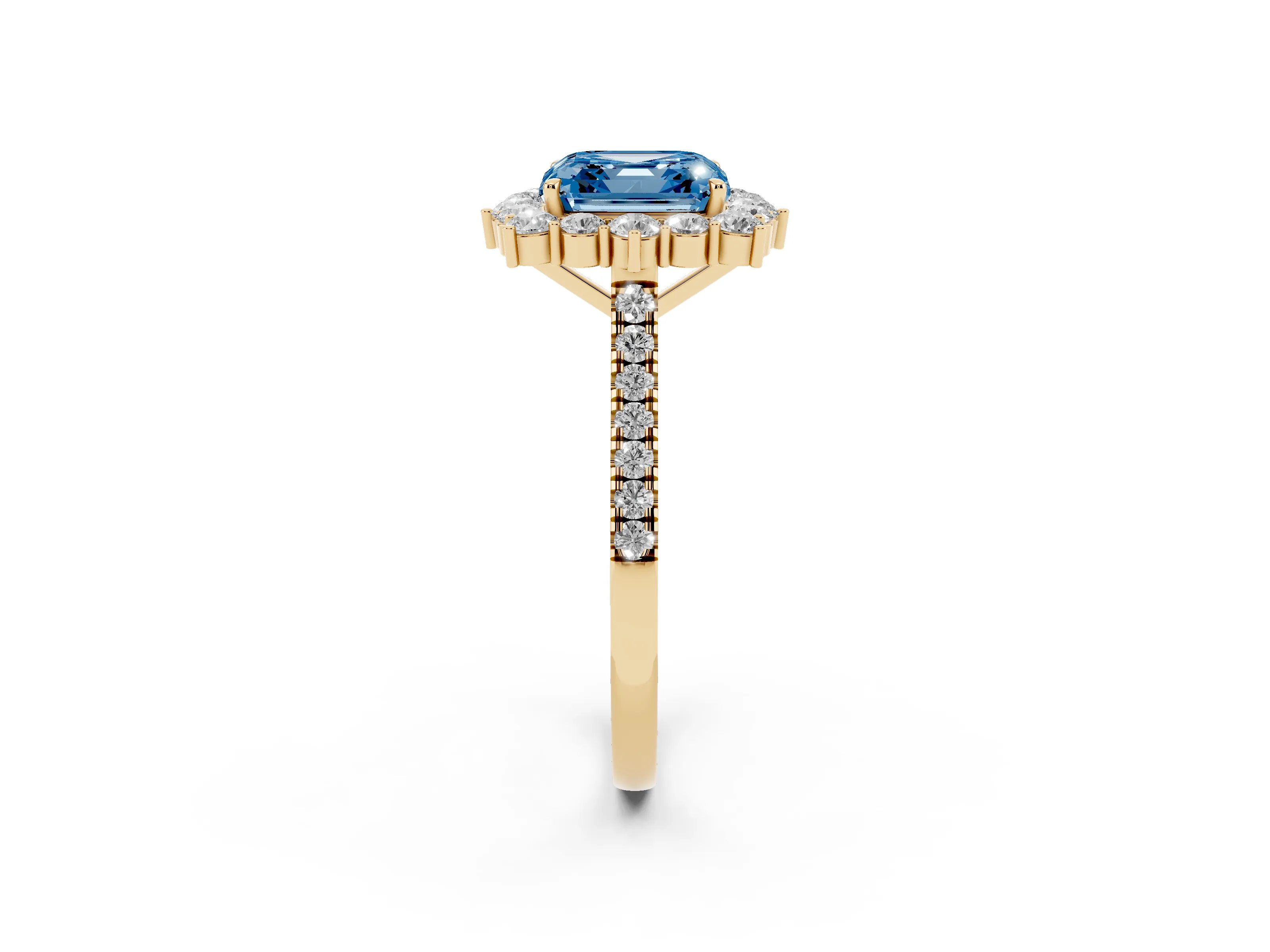 Fancy Blue Asscher Cut Diamond Halo Ring Set in Yellow gold with Pavé Band and Prong Setting