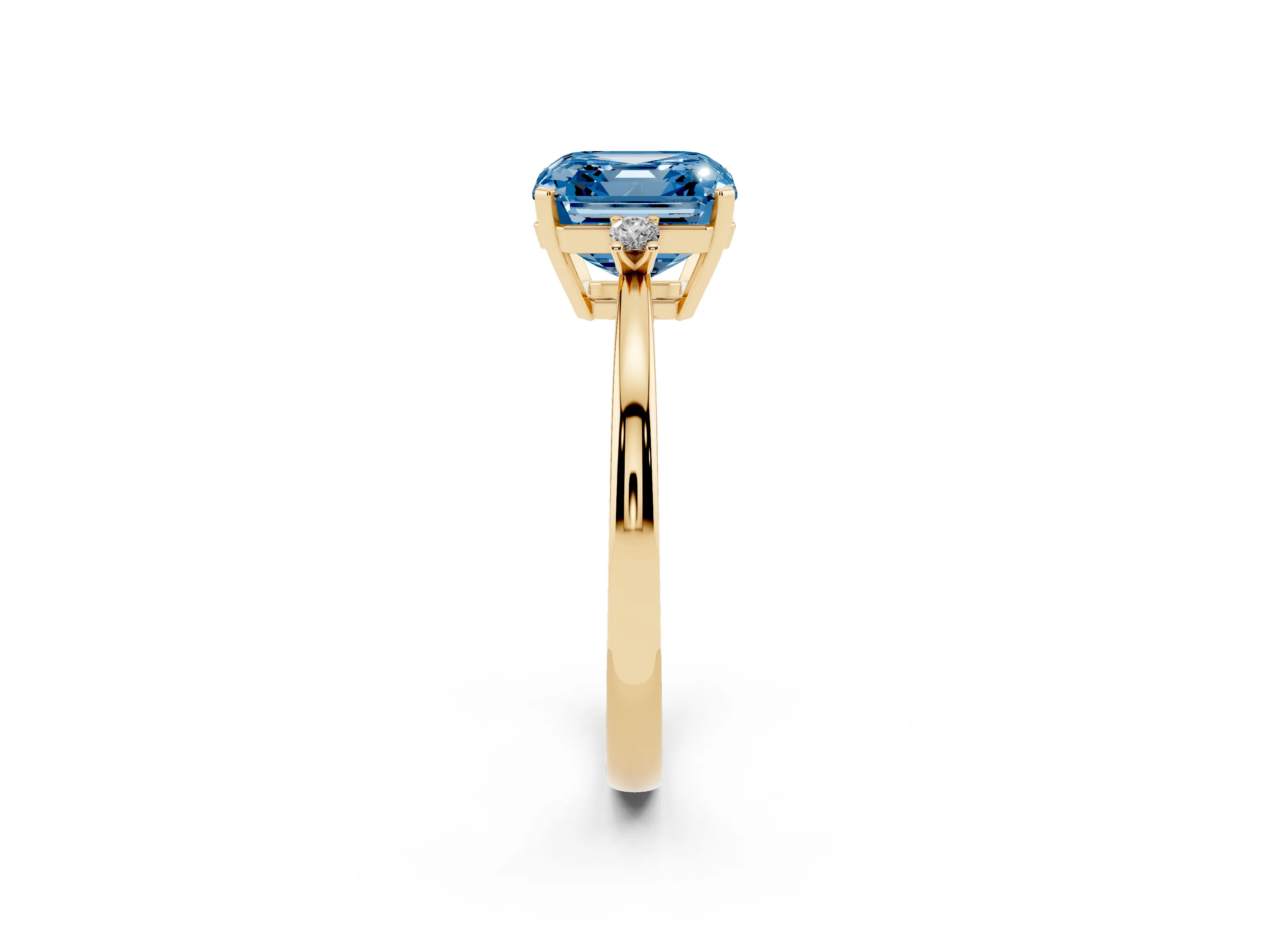 Fancy Blue Three-Stone Asscher Cut Diamond Solitaire Ring Set in Yellow gold with Round Accent Stones and Prong Setting