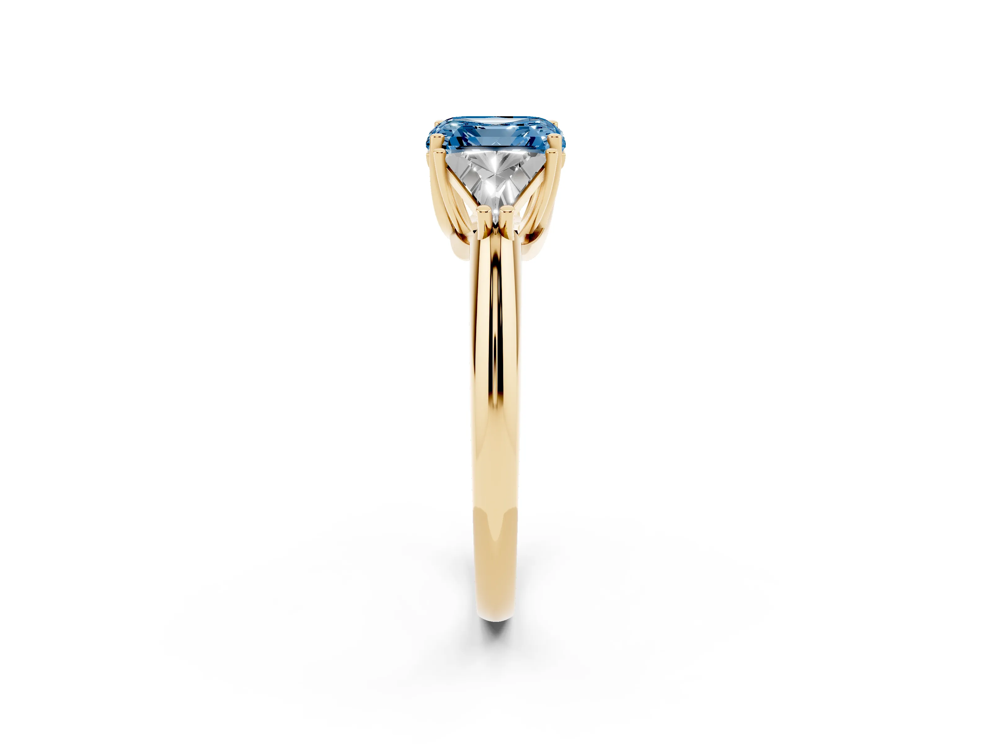 Fancy Blue Asscher Cut Diamond Three-Stone Engagement Ring Set in Yellow gold with Trillion Side Stones