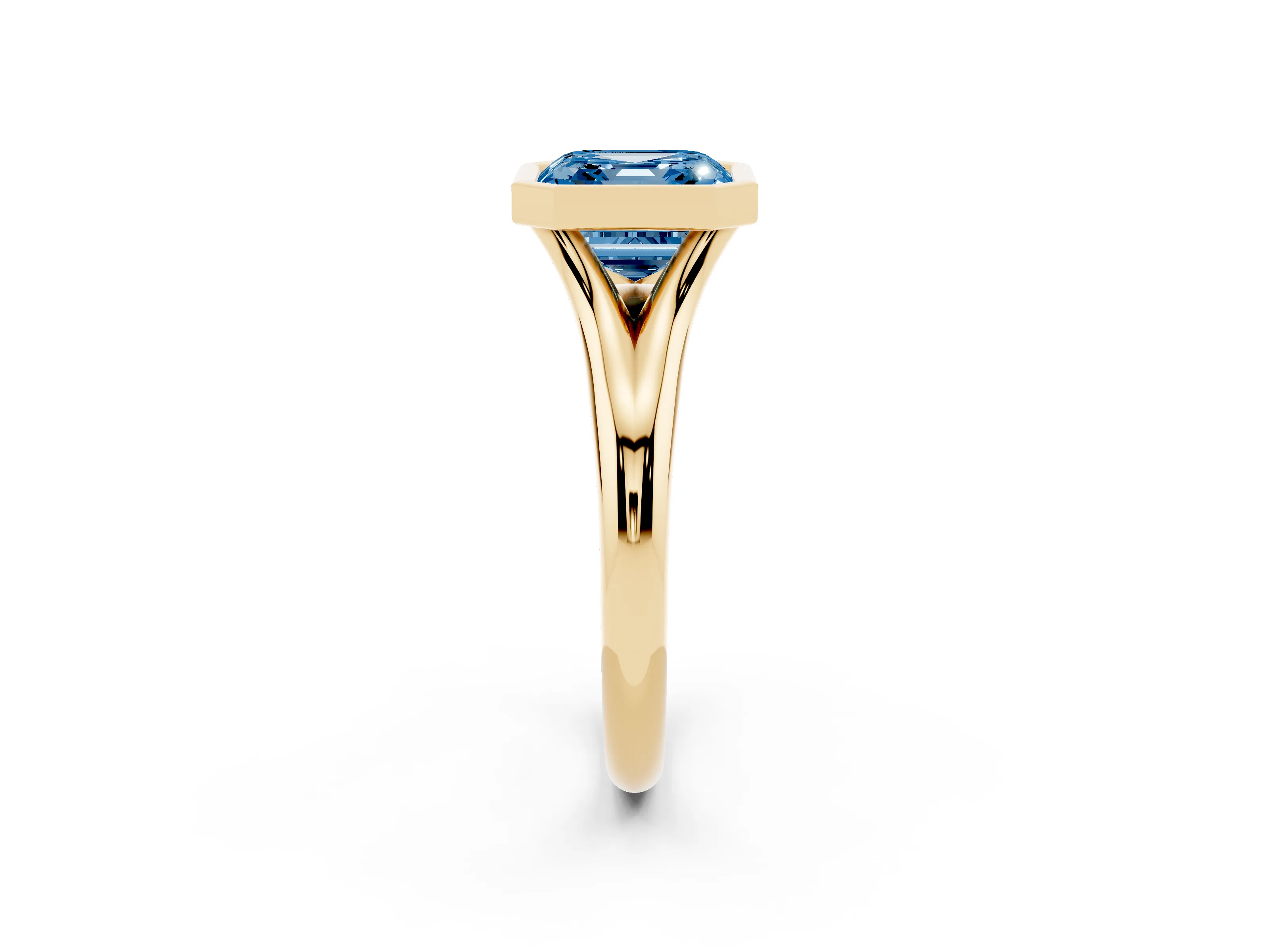 Fancy Blue Bezel Set Asscher Cut Diamond Solitaire Ring Set in Yellow gold with Smooth Band