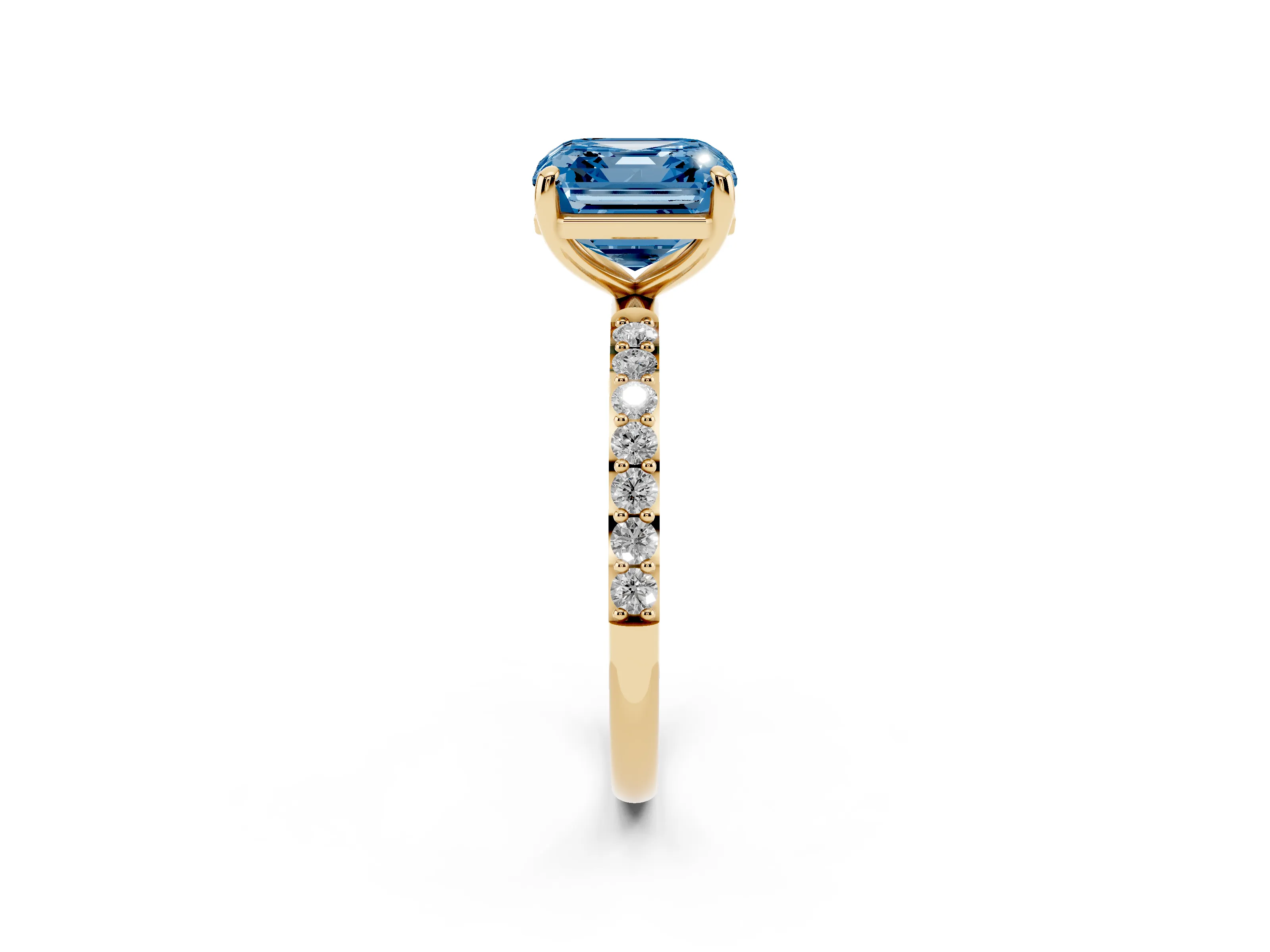 Fancy Blue Asscher Cut Diamond Solitaire Ring Set in Yellow gold with Round Pavé Band and Prong Setting