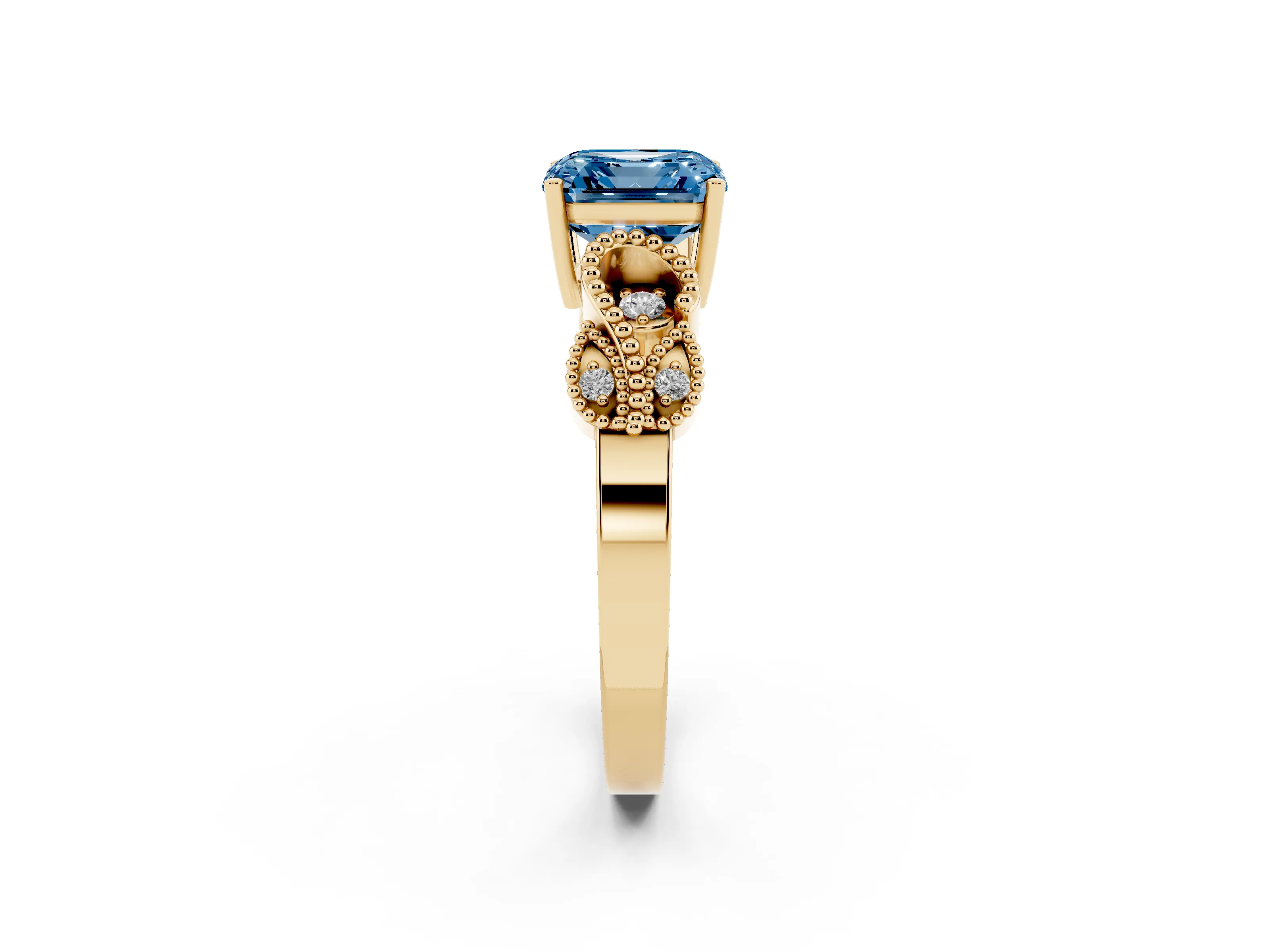 Fancy Blue Asscher Cut Diamond Milgrain Leaf Band Solitaire Ring Set in Yellow gold with Accent Stones and Prong Setting