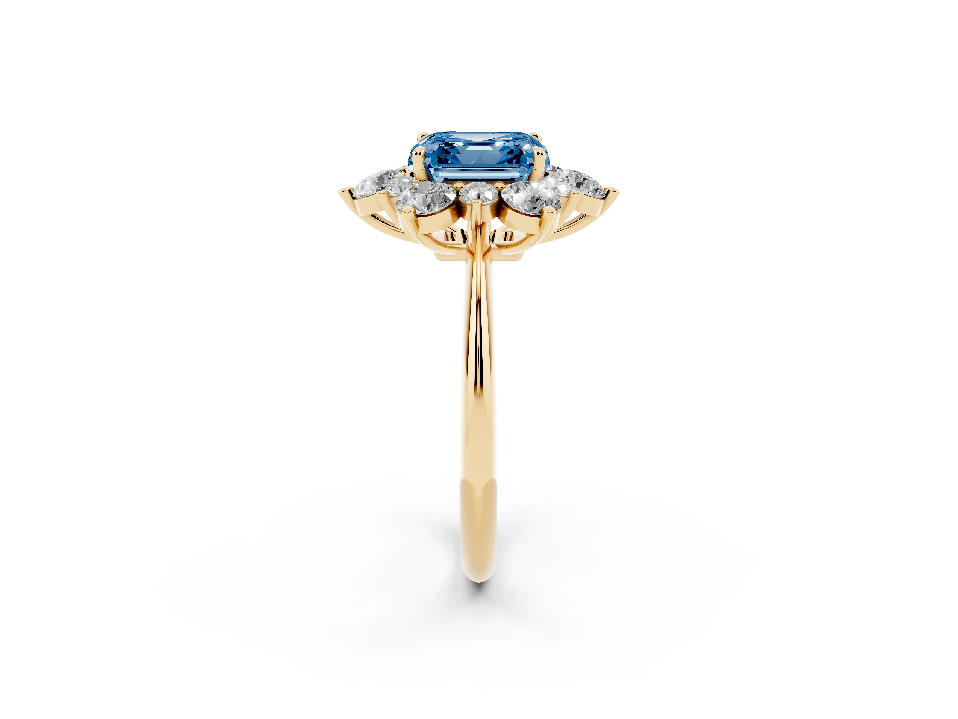 Fancy Blue Asscher Cut Diamond Cluster Halo Ring Set in Yellow gold with Solitaire Band and Prong Setting