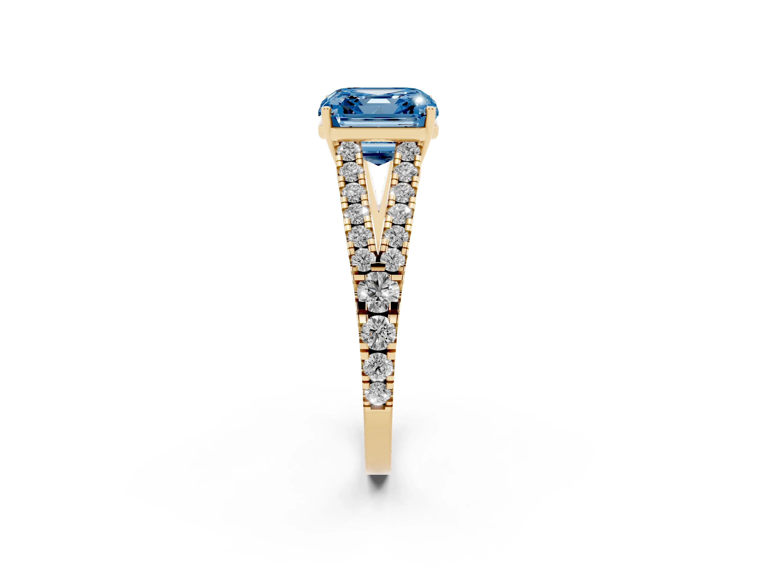Fancy Blue Asscher Cut Diamond Split Shank Engagement Ring Set in Yellow gold with Round Pavé and Prong Setting