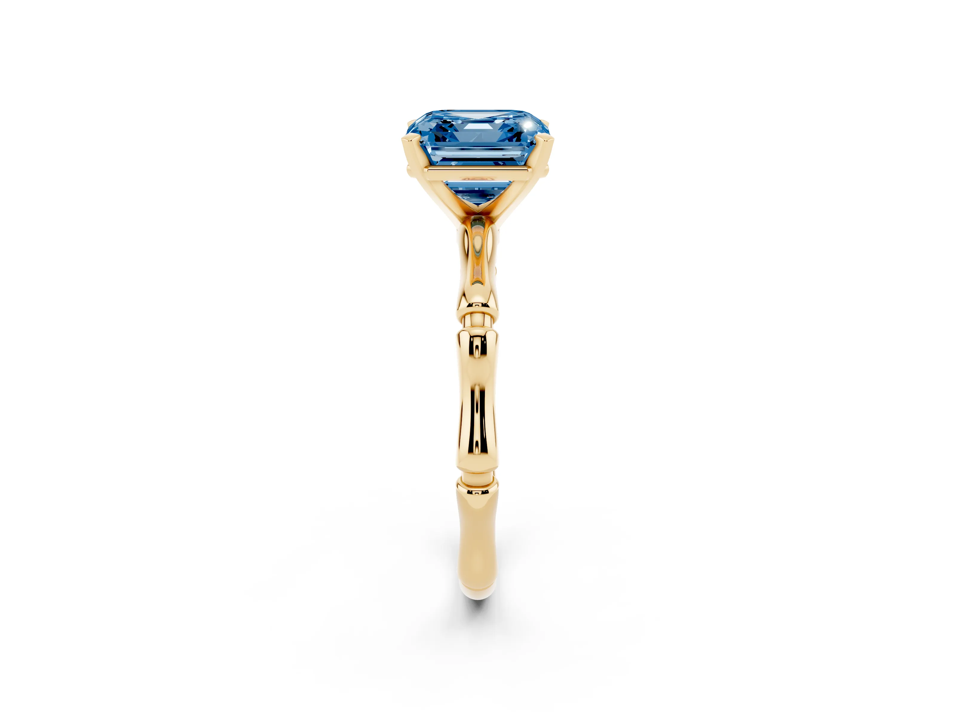 Fancy Blue Asscher Cut Diamond Solitaire Ring Set in Yellow gold with Bamboo Band and Prong Setting