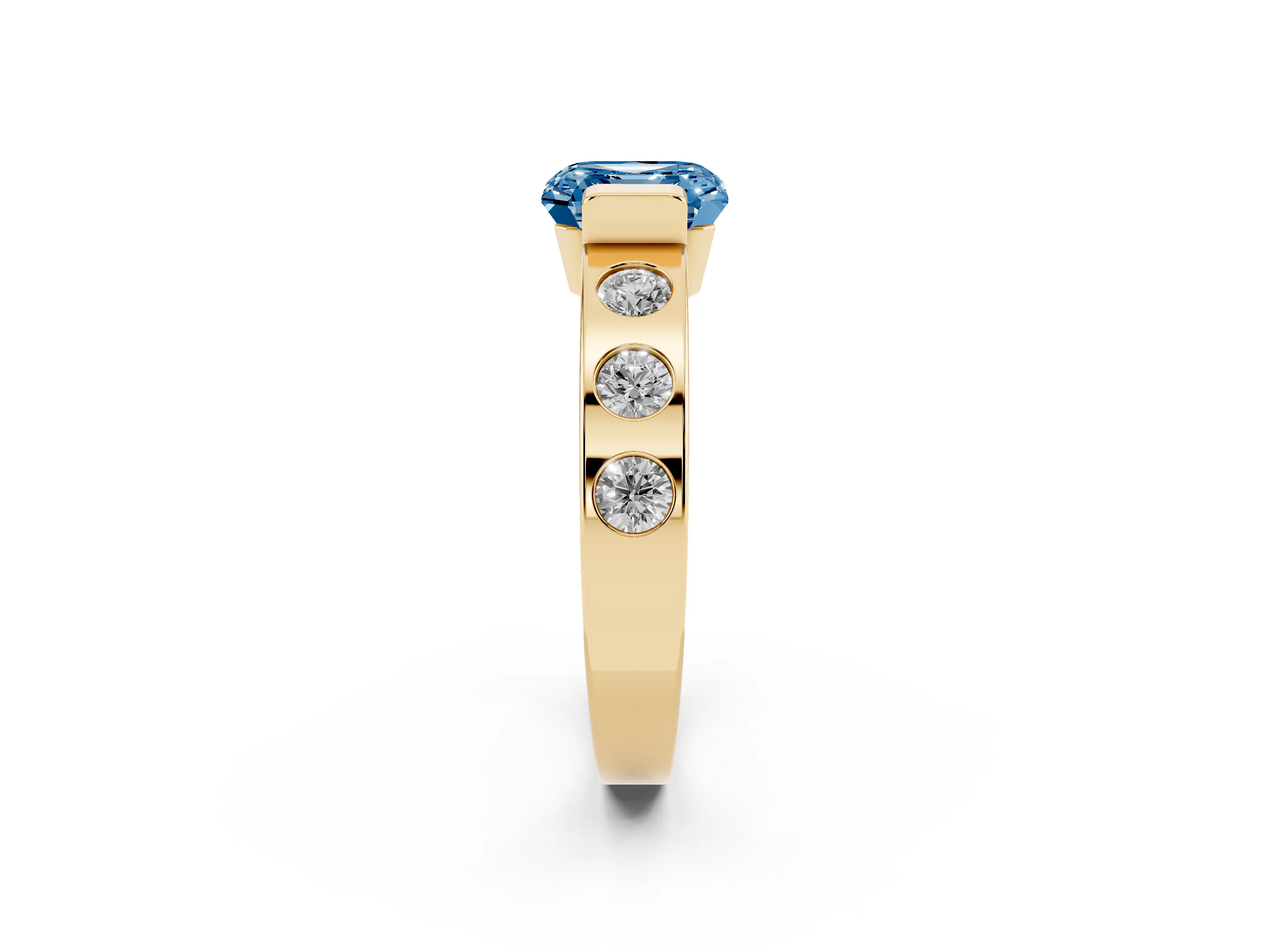 Fancy Blue Asscher Cut Diamond Channel-Set Band Ring Set in Yellow gold with Bezel Prong Setting