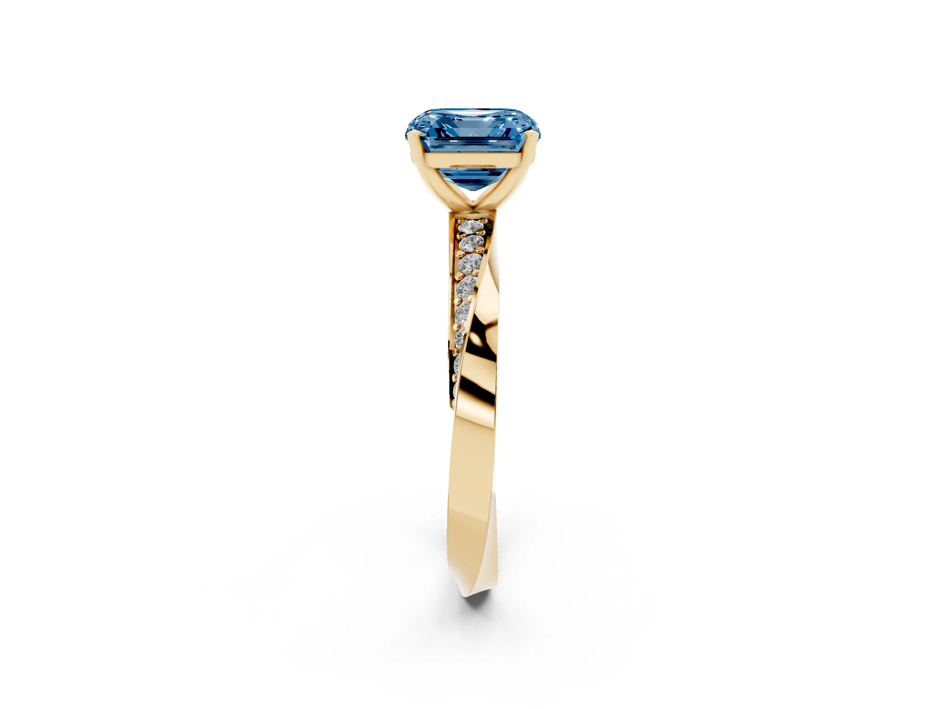 Fancy Blue Asscher Cut Diamond Engagement Ring Set in Yellow gold with Side Stone Accents and Prong Setting