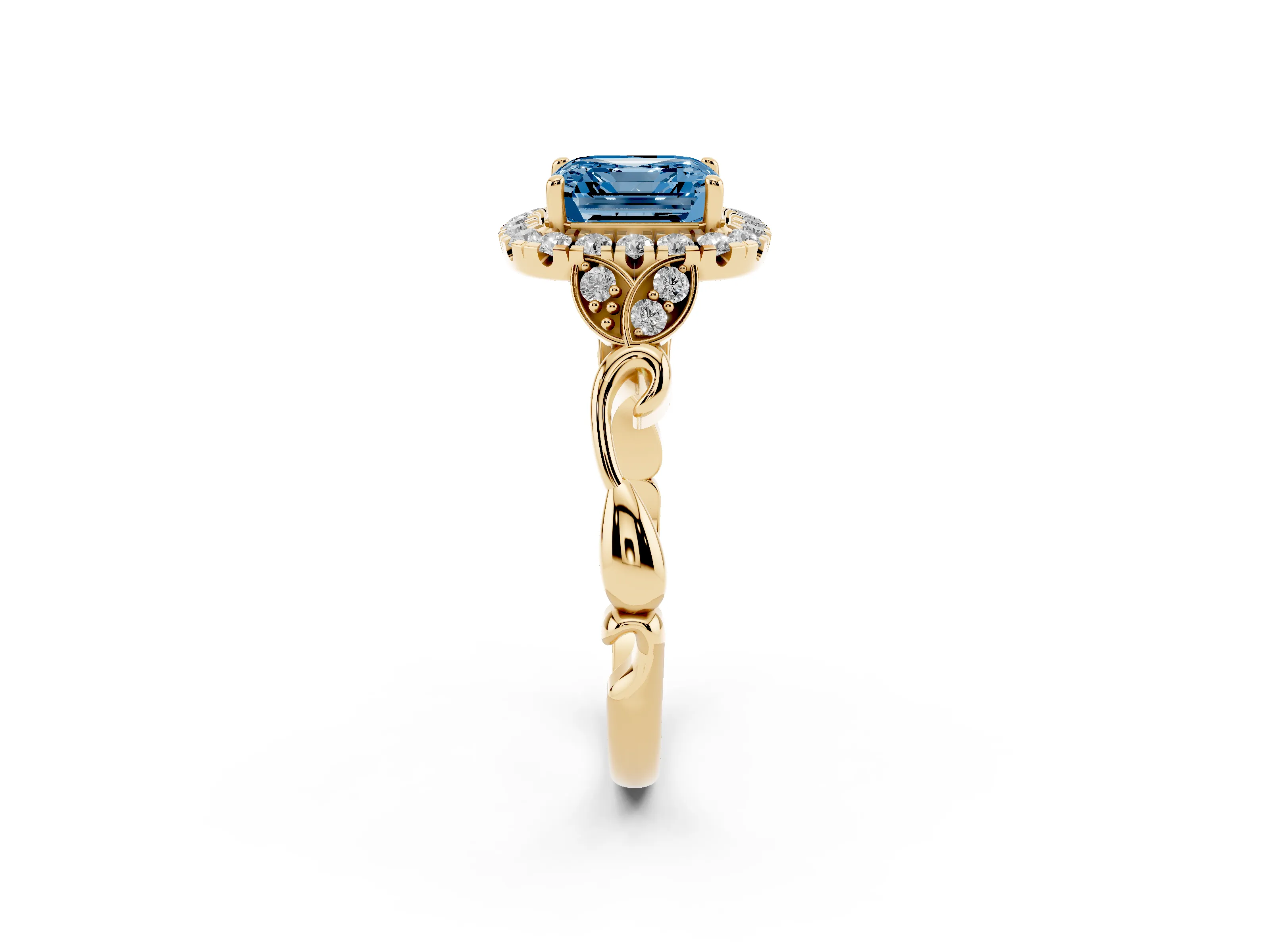 Fancy Blue Asscher Cut Diamond Halo Engagement Ring Set in Yellow gold with Vintage-Inspired Band and Prong Setting