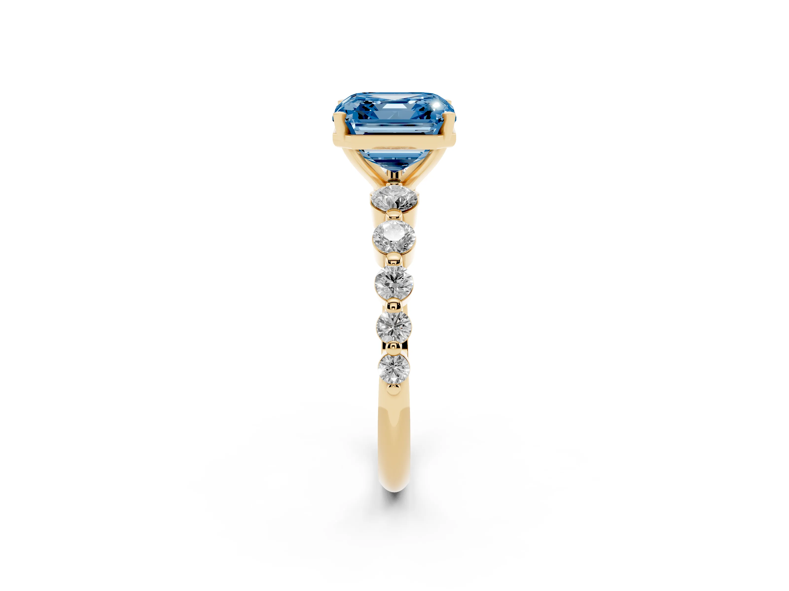 Fancy Blue Asscher Cut Diamond Solitaire Ring Set in Yellow gold with Pavé Band and Prong Setting
