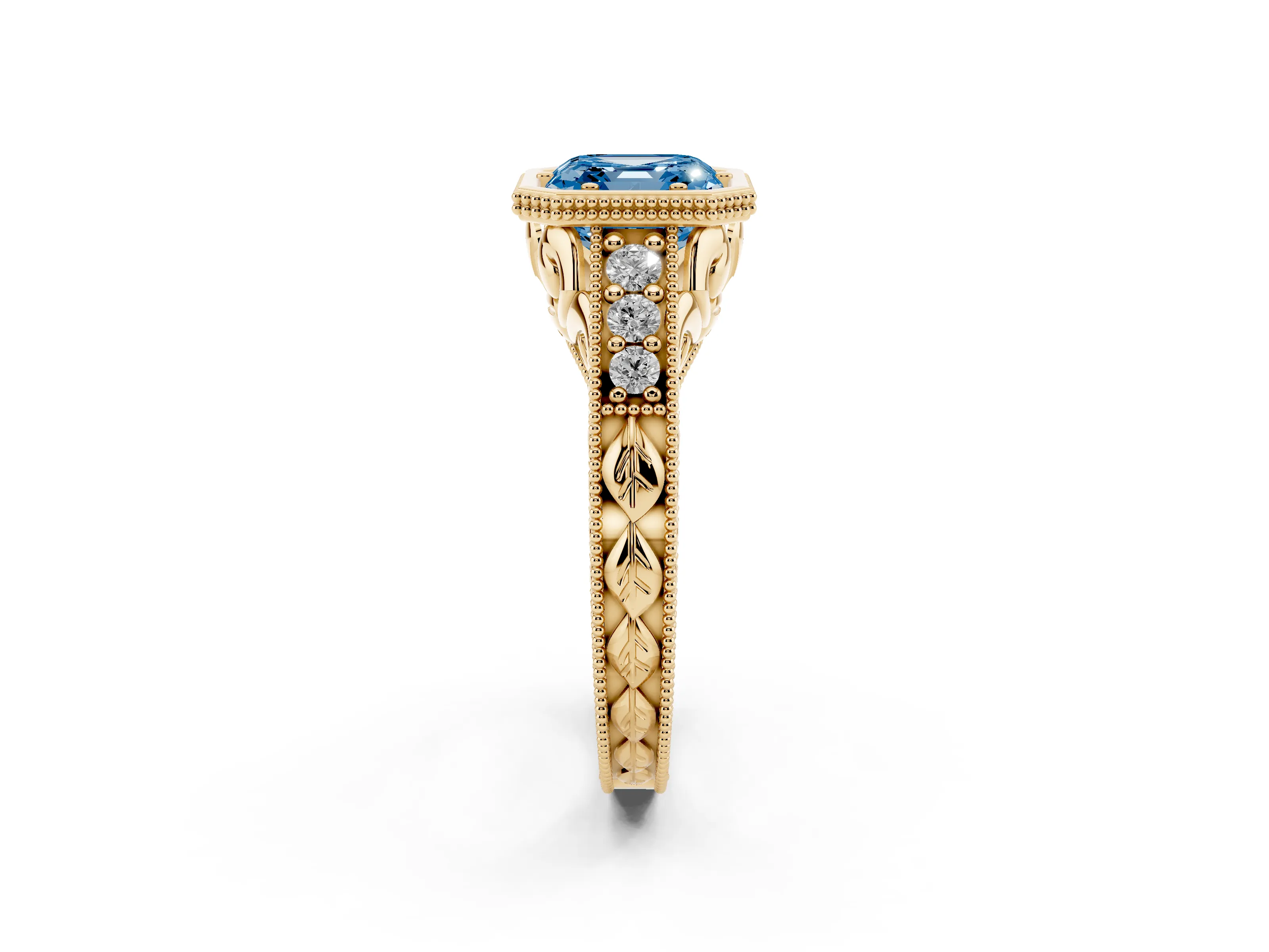 Fancy Blue Bezel Set Asscher Cut Diamond Milgrain Pavé Engagement Ring Set in Yellow gold
