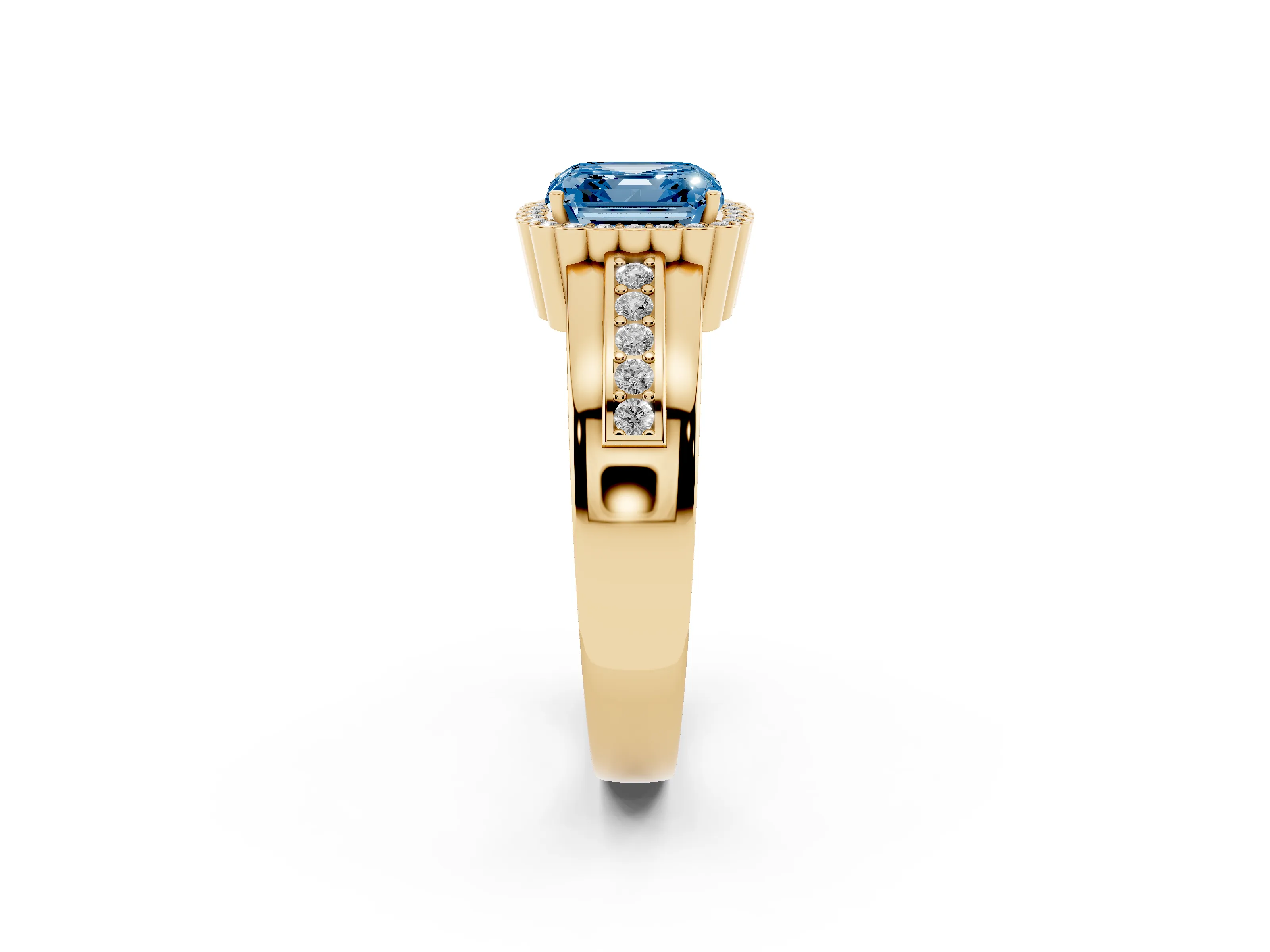 Fancy Blue Asscher Cut Diamond Halo Prong Ring Set in Yellow gold with Pavé Band