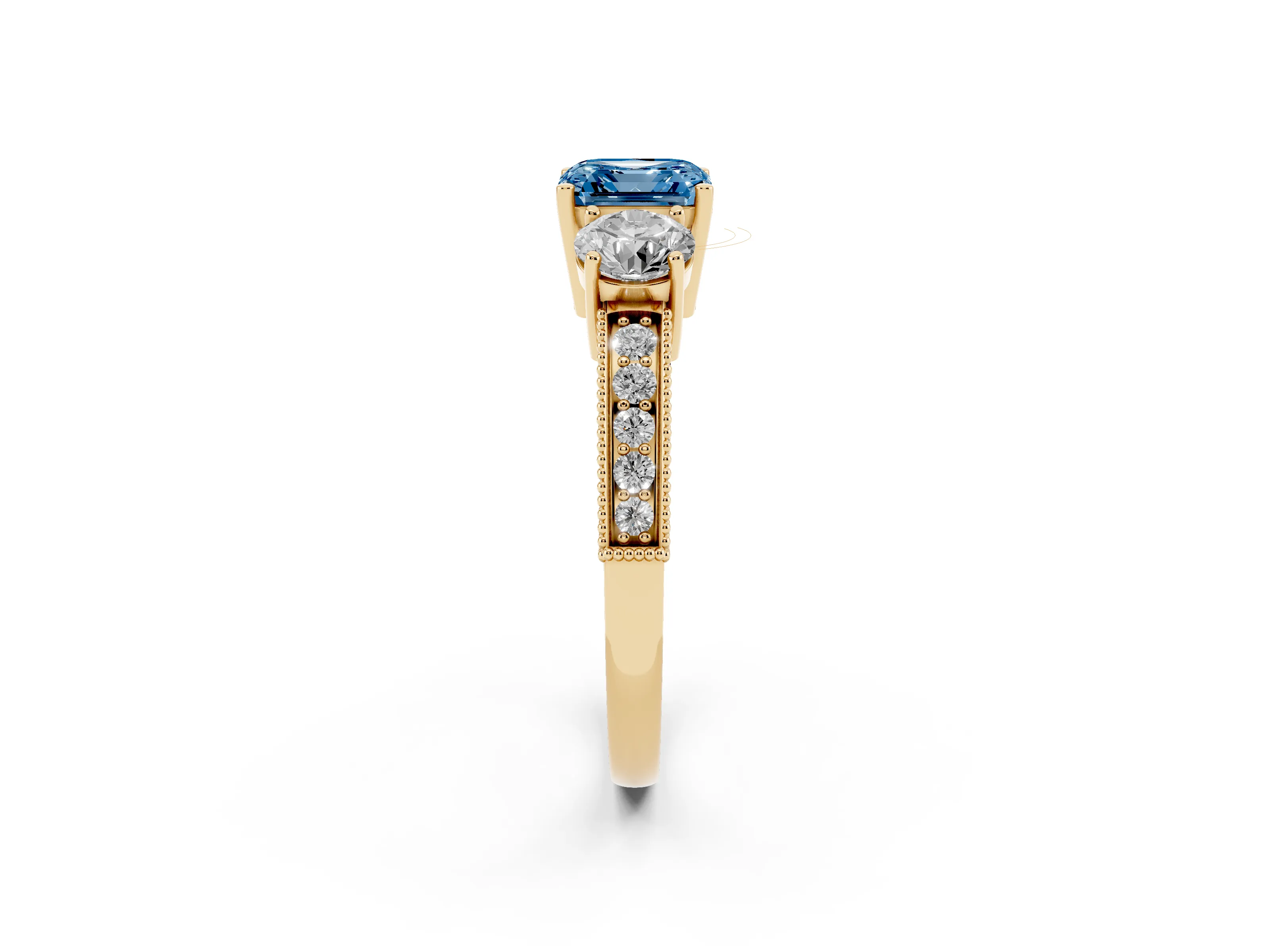 Fancy Blue Asscher Cut Diamond Three-Stone Ring Set in Yellow gold with Round Side Stones and Pavé Band