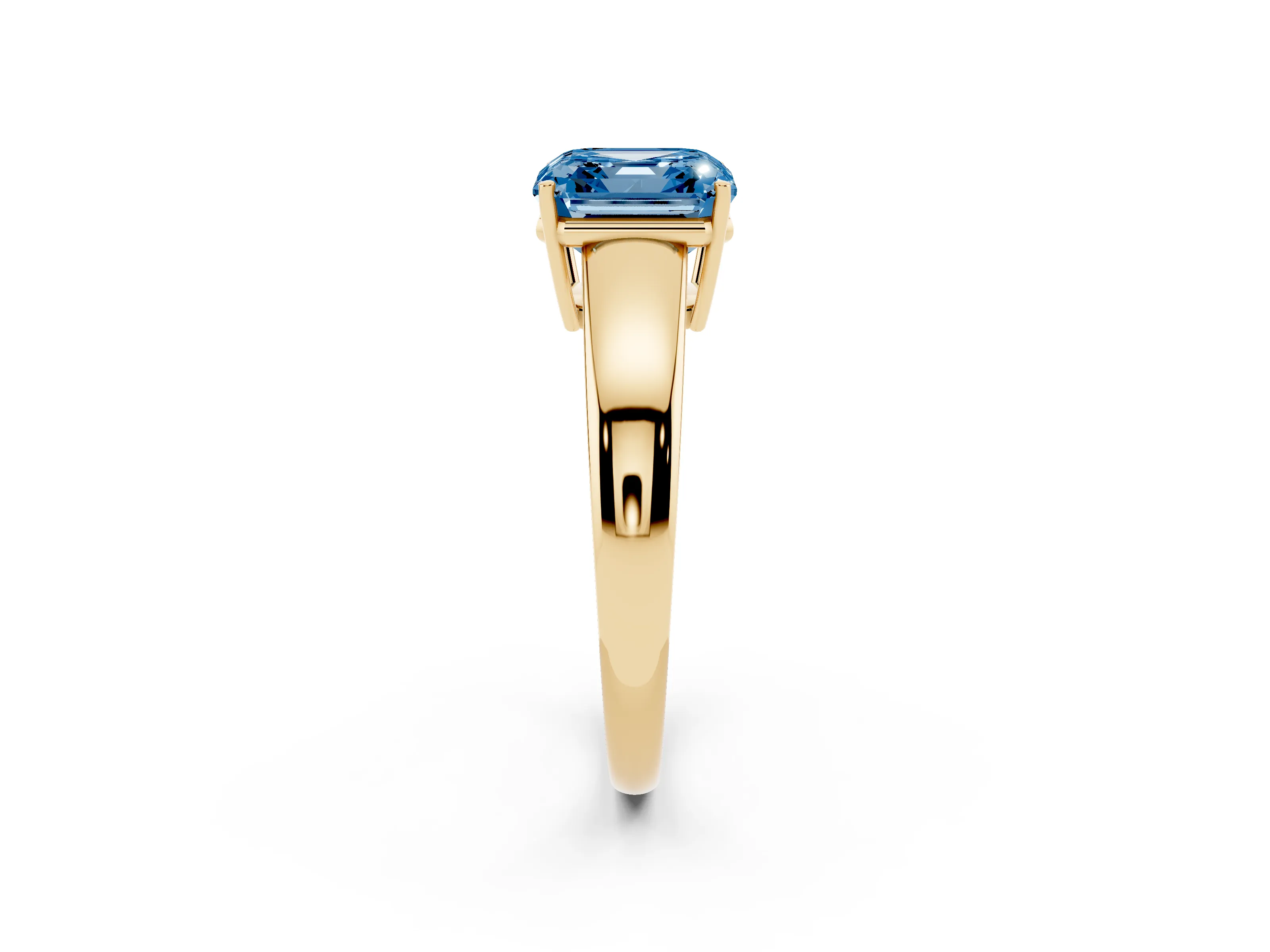 Fancy Blue Asscher Cut Diamond Solitaire Ring Set in Yellow gold with Tapered Band and Prong Setting