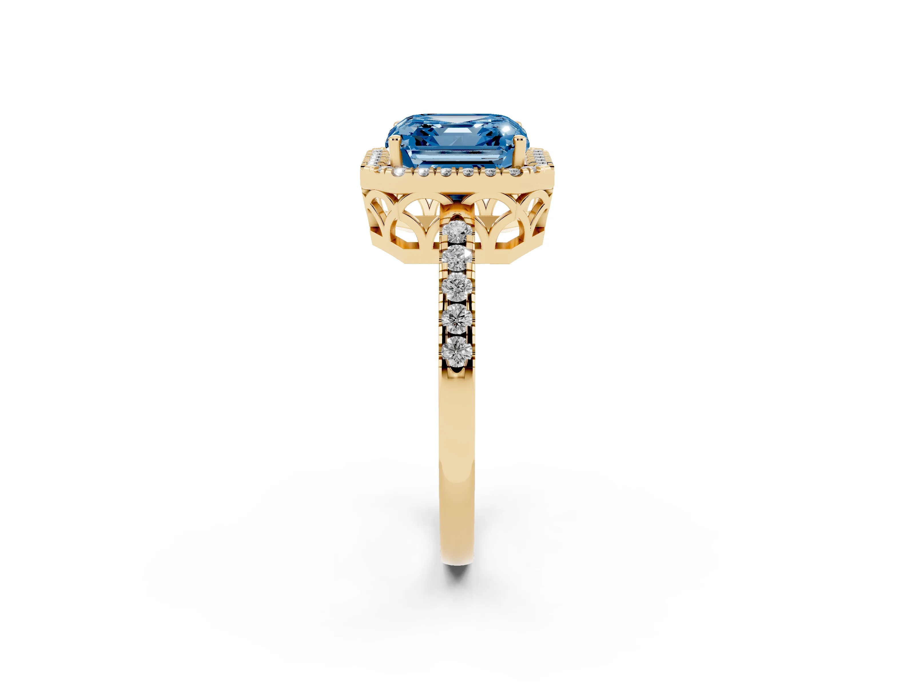 Fancy Blue Asscher Cut Diamond Pavé Band Halo Engagement Ring Set in Yellow gold with Prong Setting