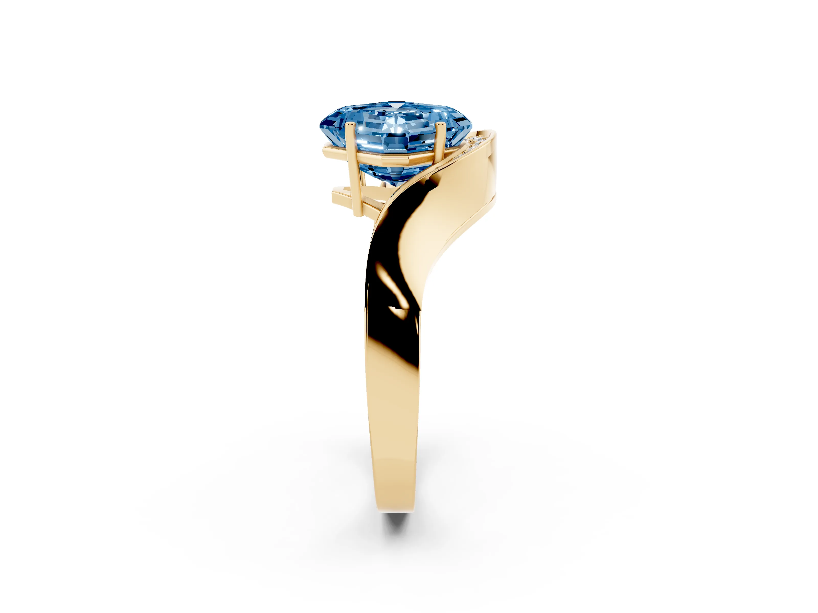 Fancy Blue Asscher Cut Diamond Solitaire Engagement Ring Set in Yellow gold with Pavé Shoulders