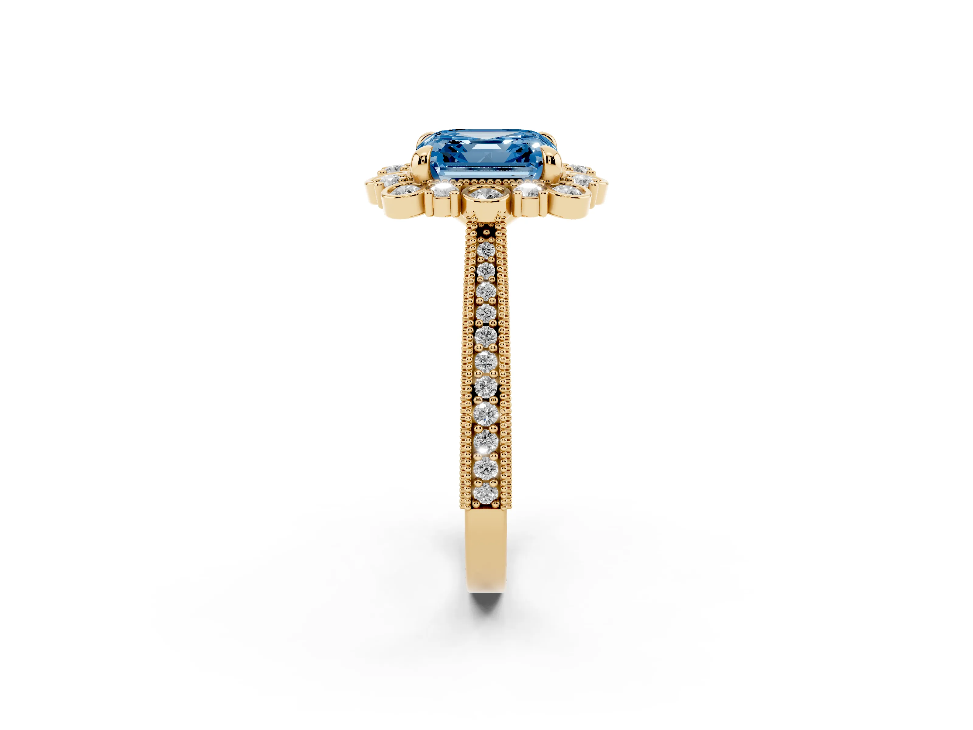 Fancy Blue Asscher Cut Diamond Halo Milgrain Pavé Ring Set in Yellow gold with Prong Setting