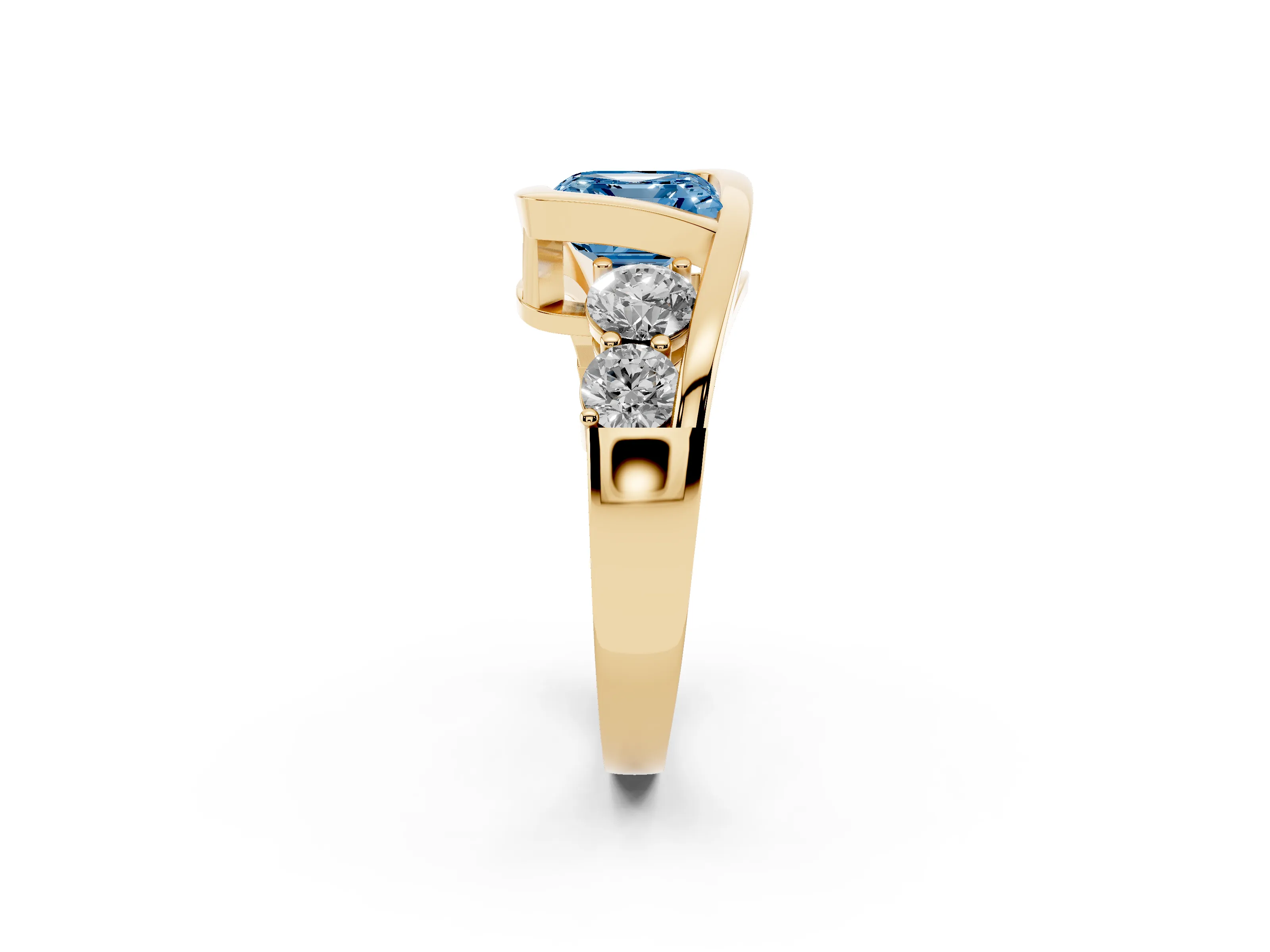 Fancy Blue Asscher Cut Diamond Bezel Bypass Ring Set in Yellow gold with Round Accents
