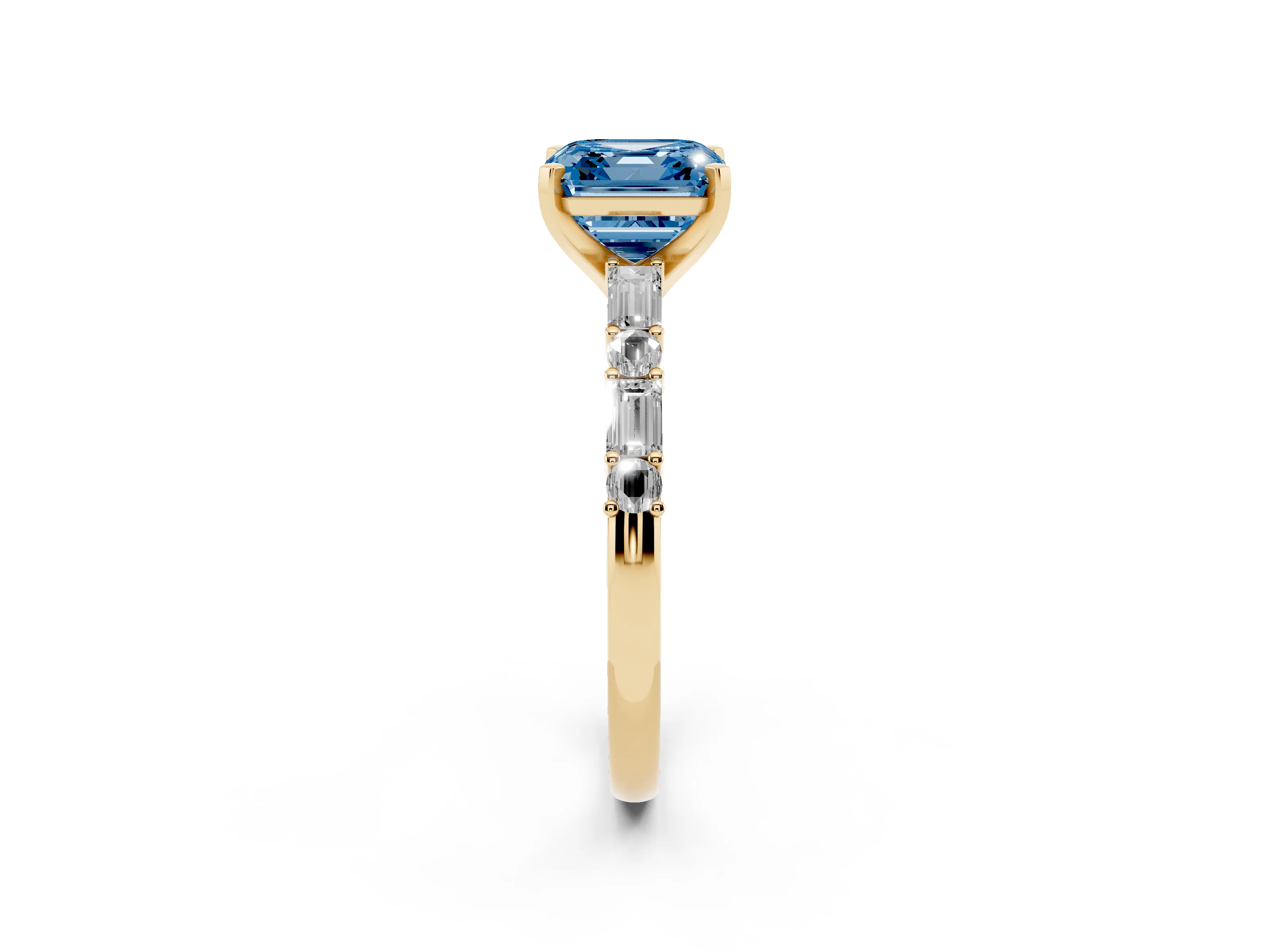 Fancy Blue Asscher Cut Diamond Solitaire Set in Yellow gold with Side Baguettes and Channel Set Band