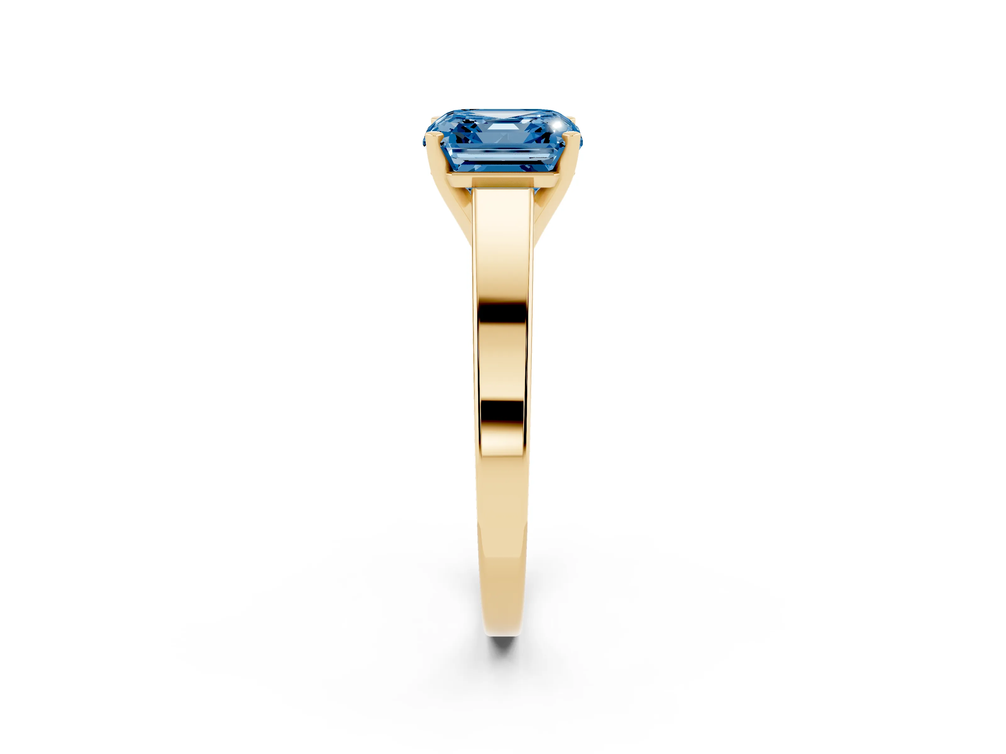 Fancy Blue Asscher Cut Diamond Solitaire Engagement Ring Set in Yellow gold with Prong Setting and Tapered Band