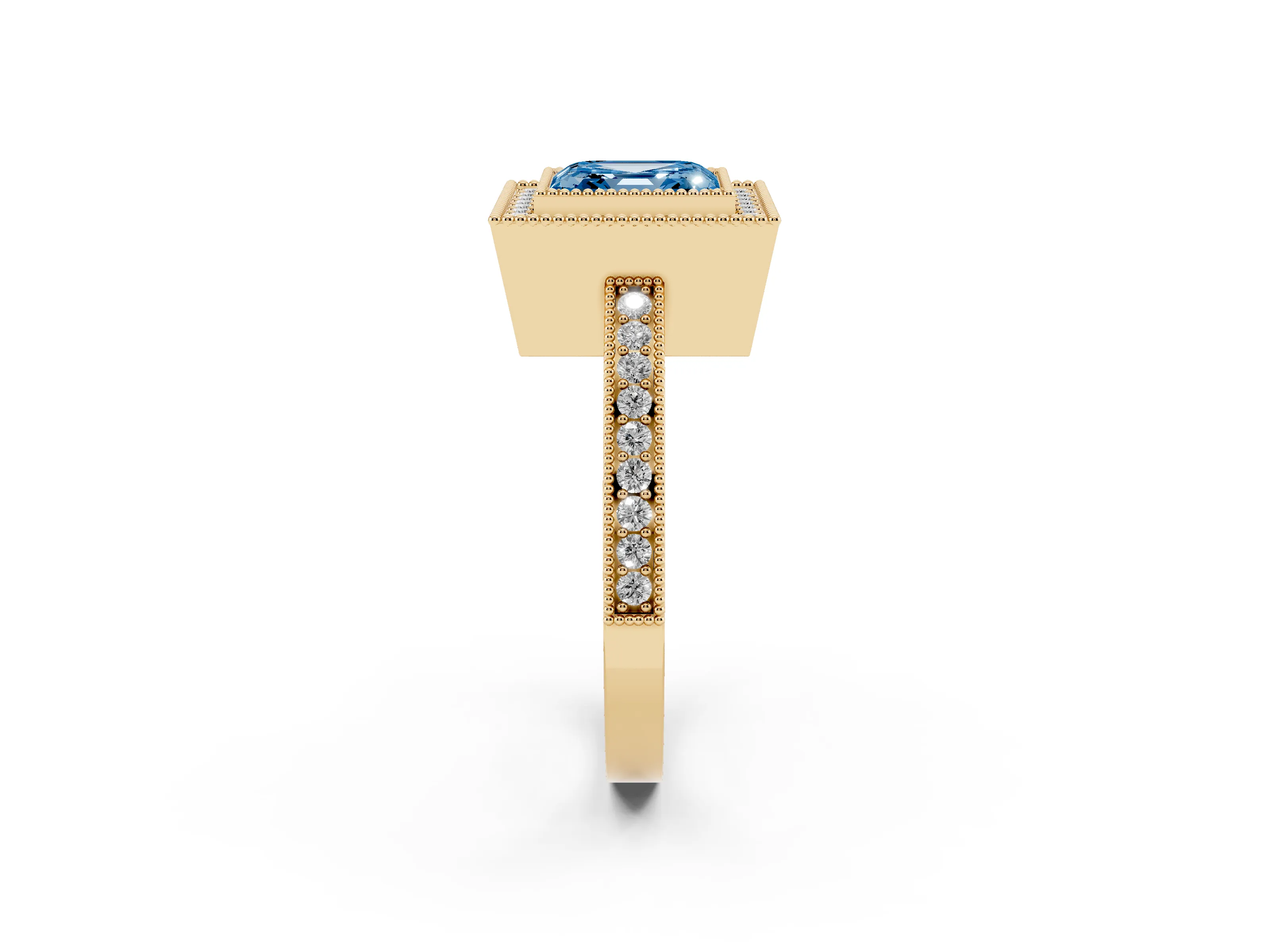 Fancy Blue Asscher Cut Diamond Round Halo Ring Set in Yellow gold with Pavé Band
