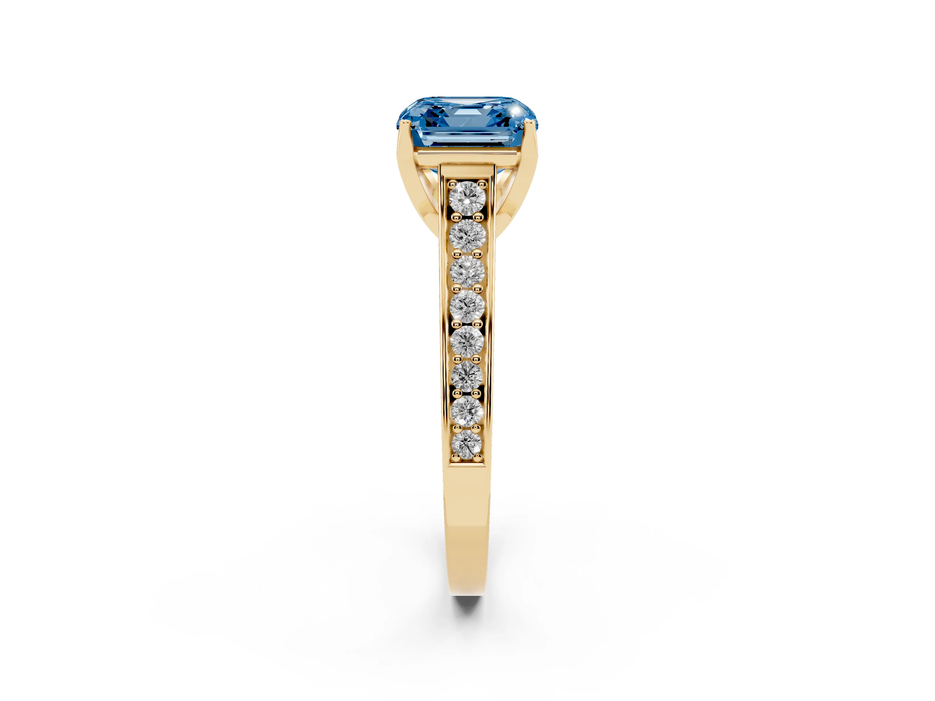 Fancy Blue Asscher Cut Diamond Solitaire Pavé Engagement Ring Set in Yellow gold with Prong Setting